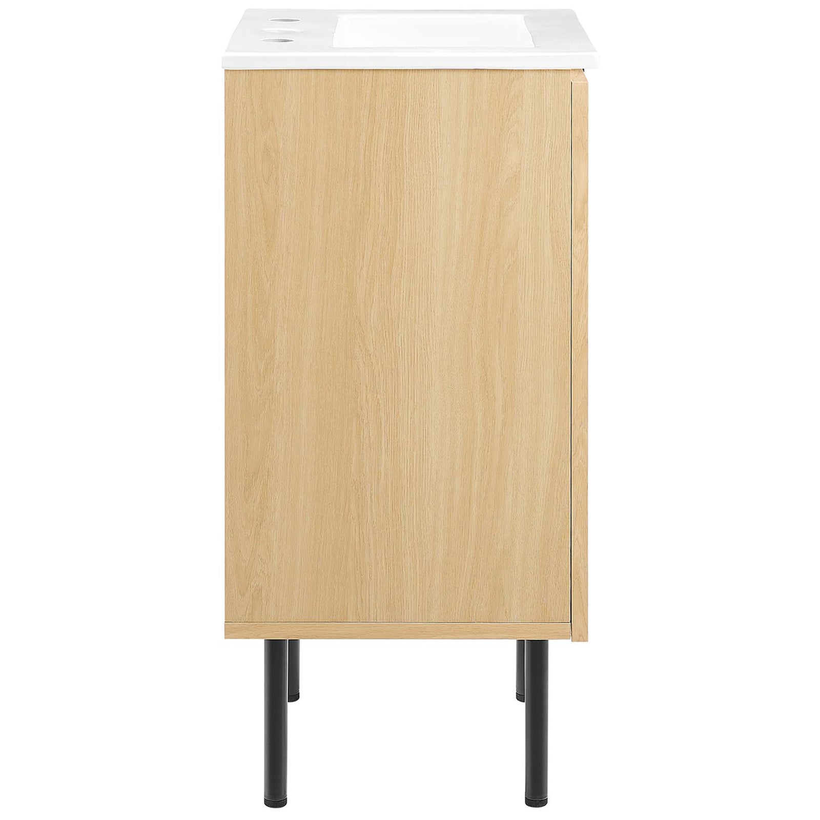 Clean oak grain sides and slim black legs give this compact vanity a light, airy profile || EEI-6691-OAK-WHI || side_studio