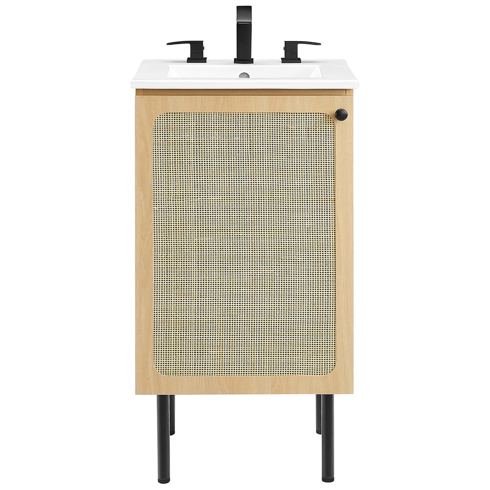 Compact oak vanity with rattan door and ceramic sink, adding organic warmth || EEI-6691-OAK-WHI || front_studio
