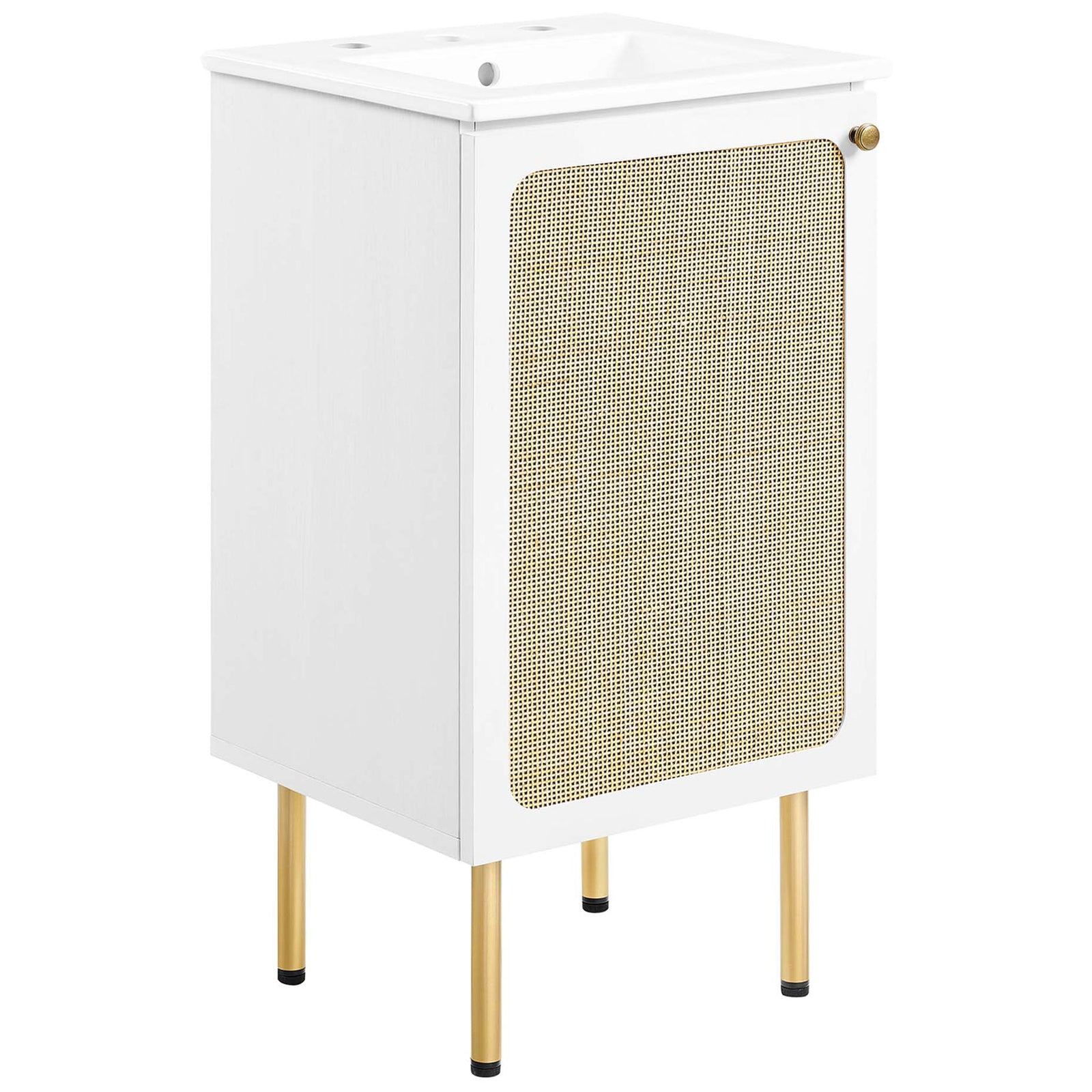 Compact 18-inch vanity with rattan door, ceramic sink, and gold-finished legs || EEI-6691-WHI-WHI || front_angle_studio