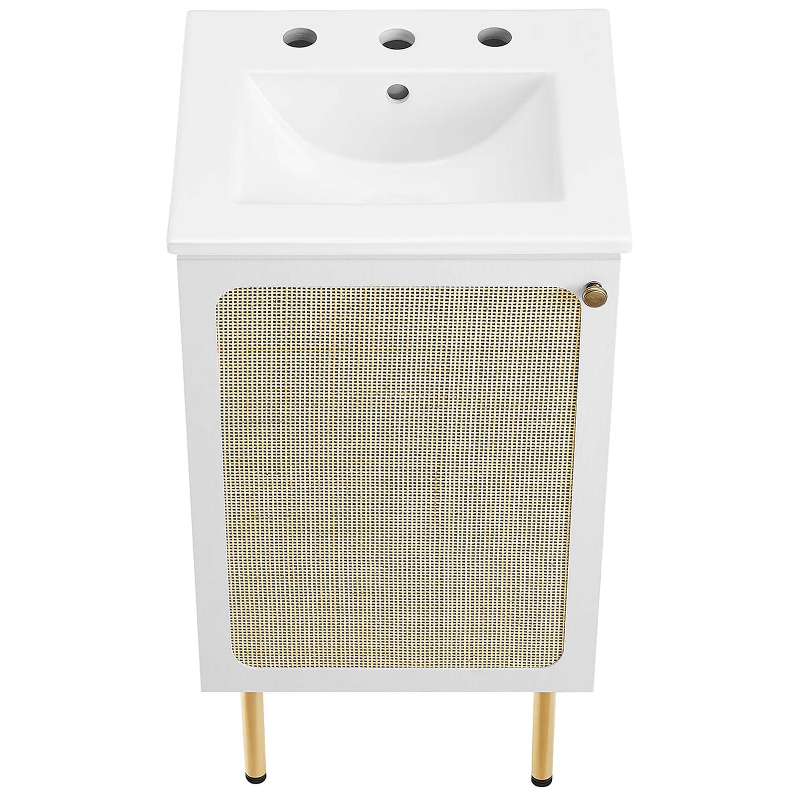 Integrated ceramic sink and compact top enhance this space-saving vanity design || EEI-6691-WHI-WHI || top_angle_studio