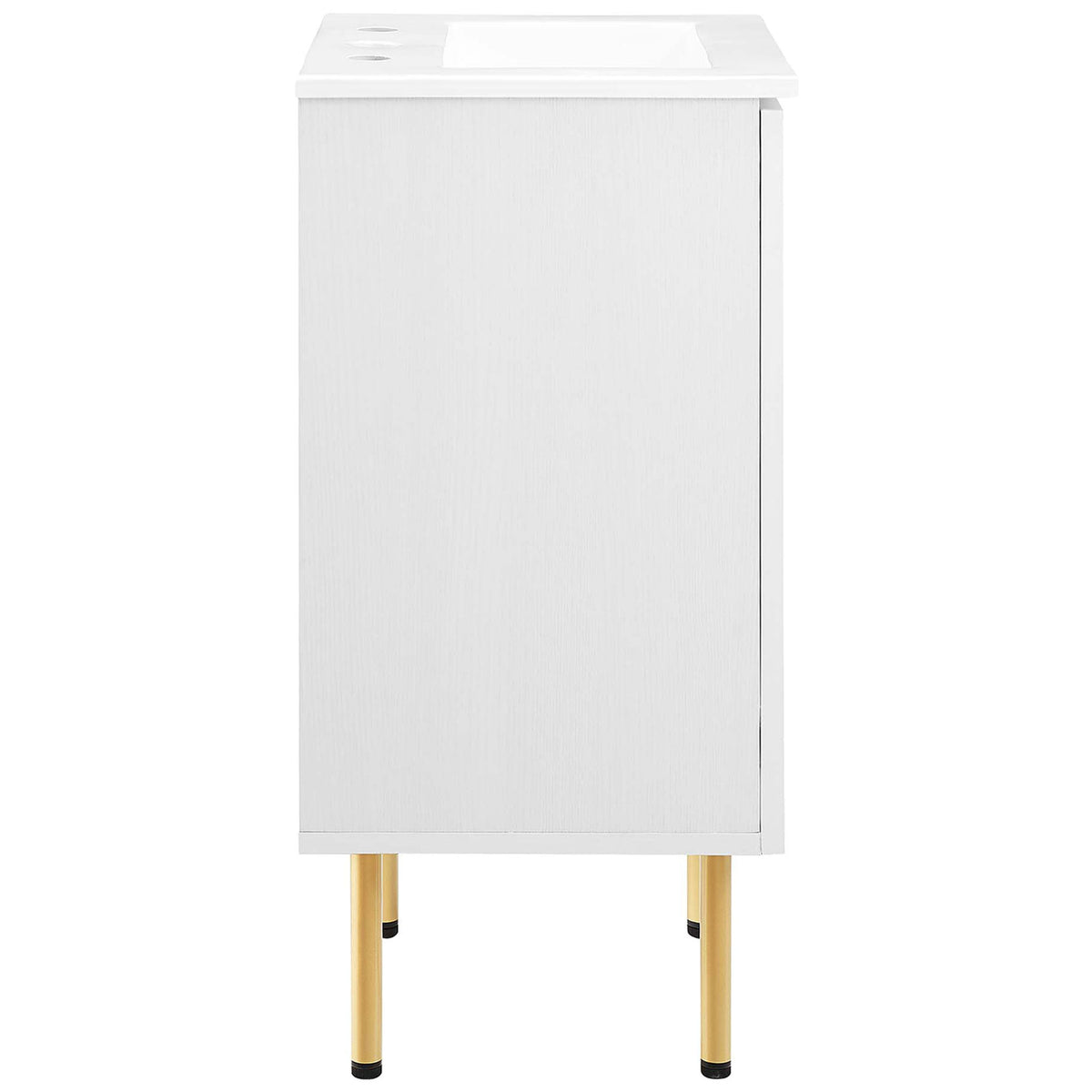 Sleek profile showcases the white cabinet, integrated basin, and tapered metal legs || EEI-6691-WHI-WHI || side_studio