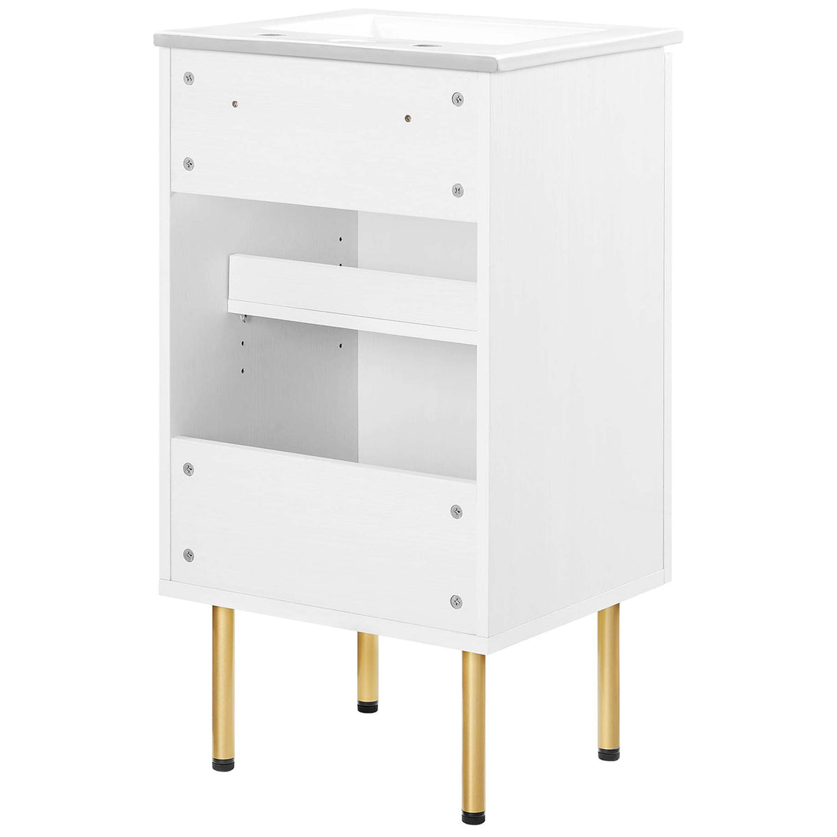 Open-back vanity cabinet design simplifies plumbing access and installation || EEI-6691-WHI-WHI || back_angle_studio