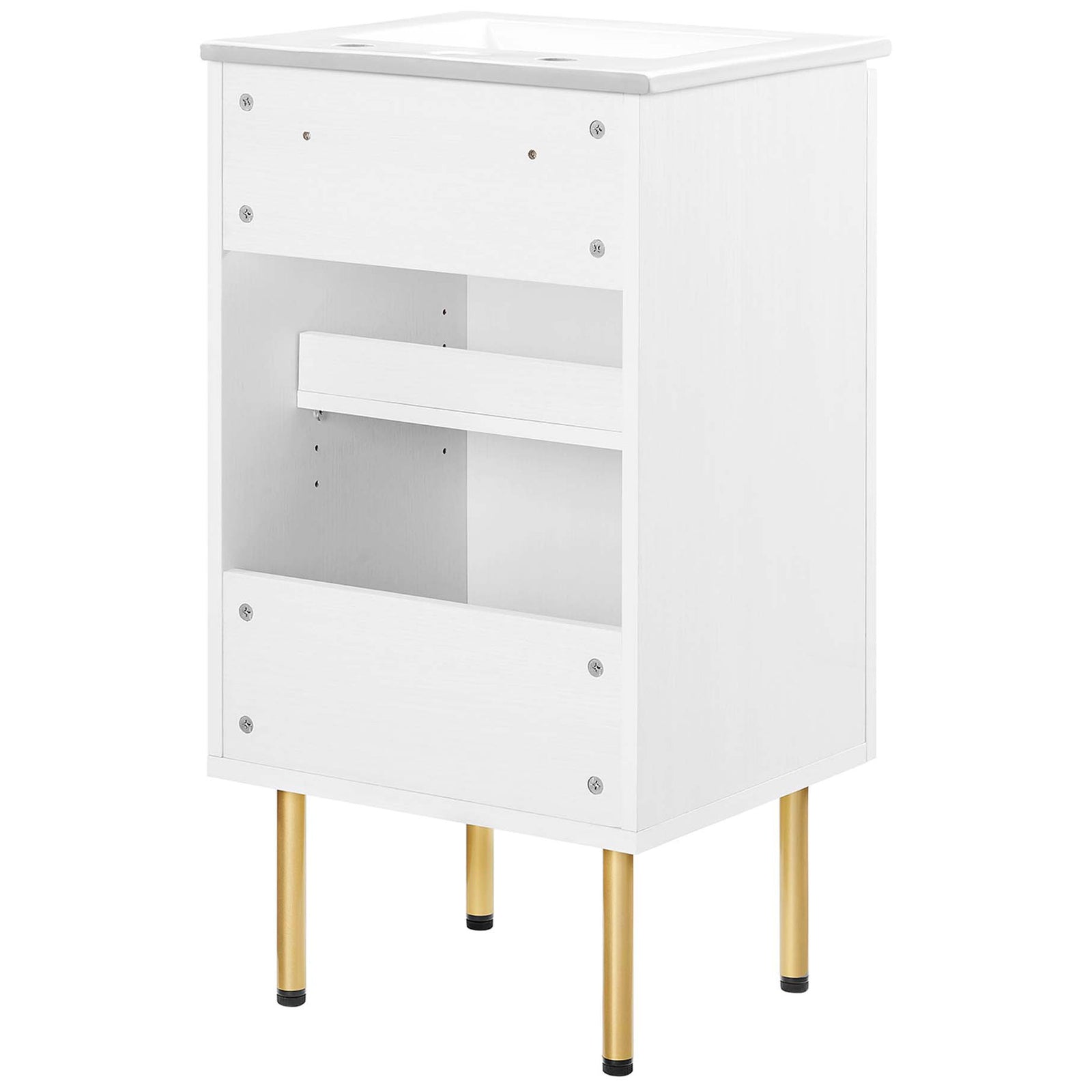 Open-back vanity cabinet design simplifies plumbing access and installation || EEI-6691-WHI-WHI || back_angle_studio