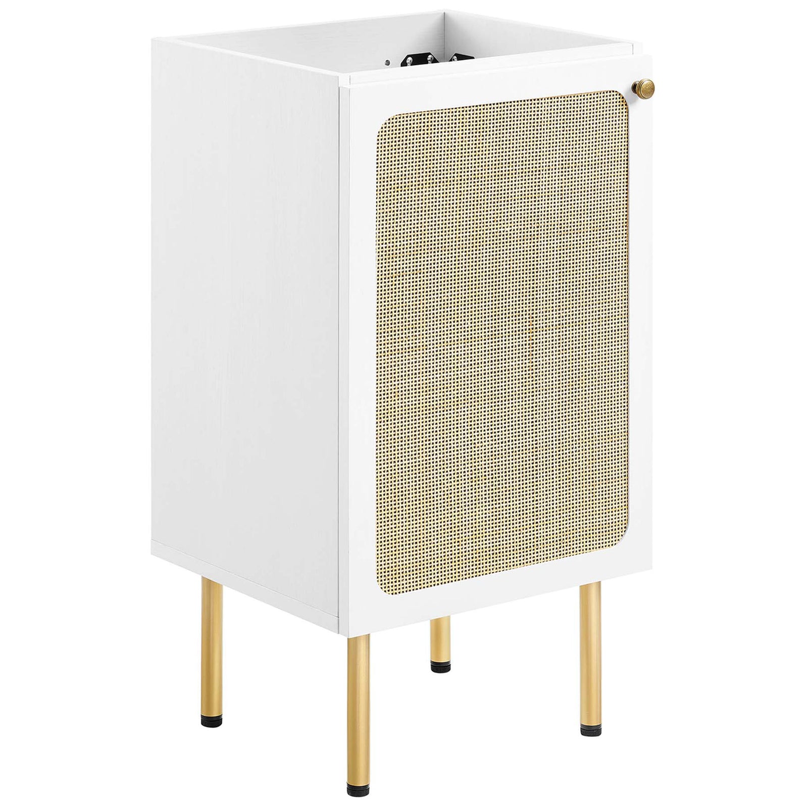 Rattan-front cabinet brings airy texture with gold-finished legs and slim silhouette || EEI-6691-WHI-WHI || front_angle_partial_studio