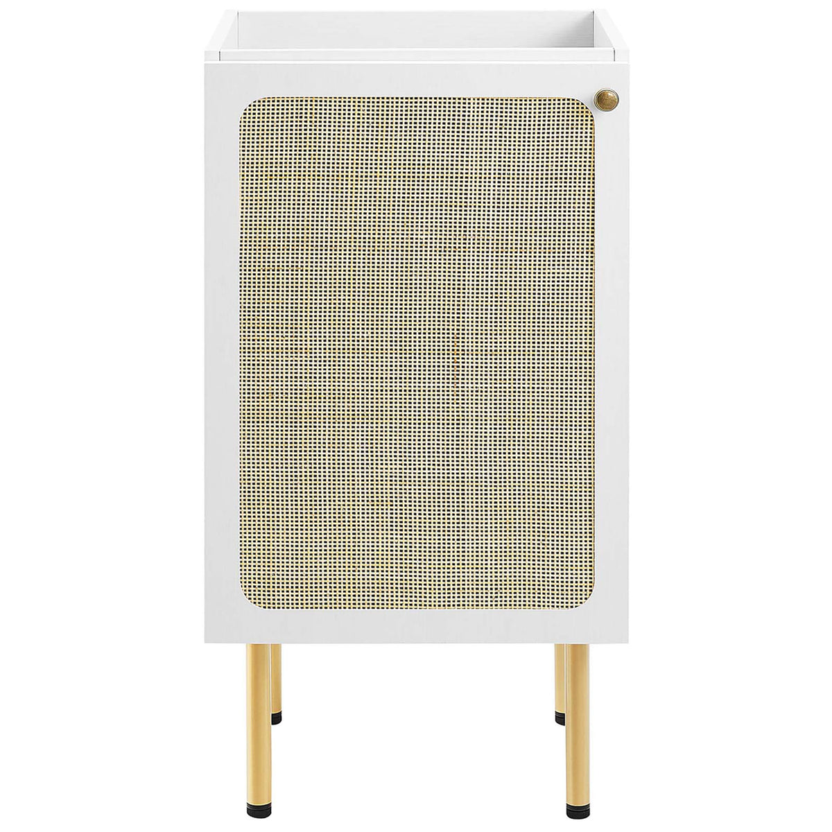 Single-door vanity cabinet with woven rattan panel and round metal knob || EEI-6691-WHI-WHI || front_partial_studio