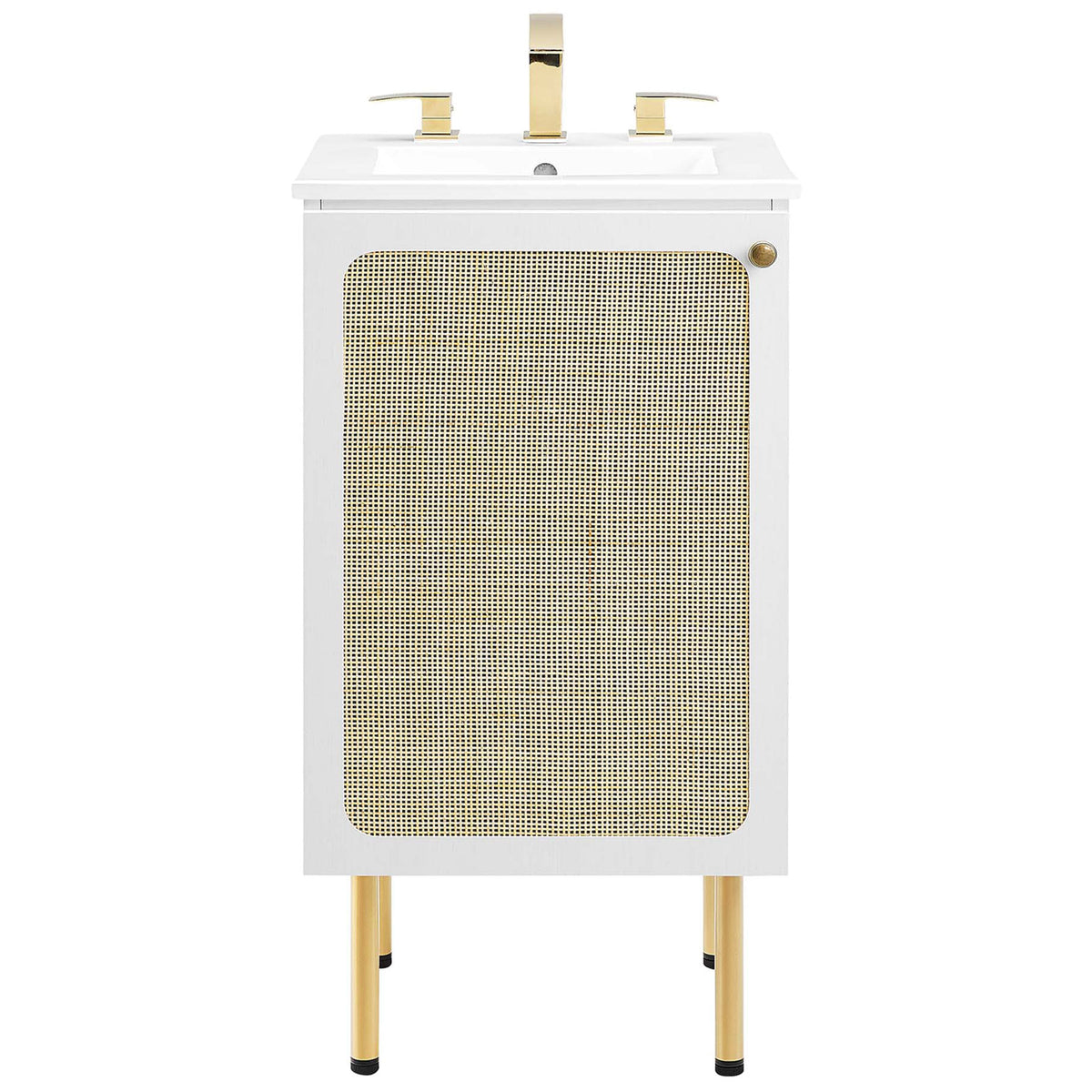 Modern vanity with woven rattan door and ceramic sink for a refined, organic look || EEI-6691-WHI-WHI || front_studio
