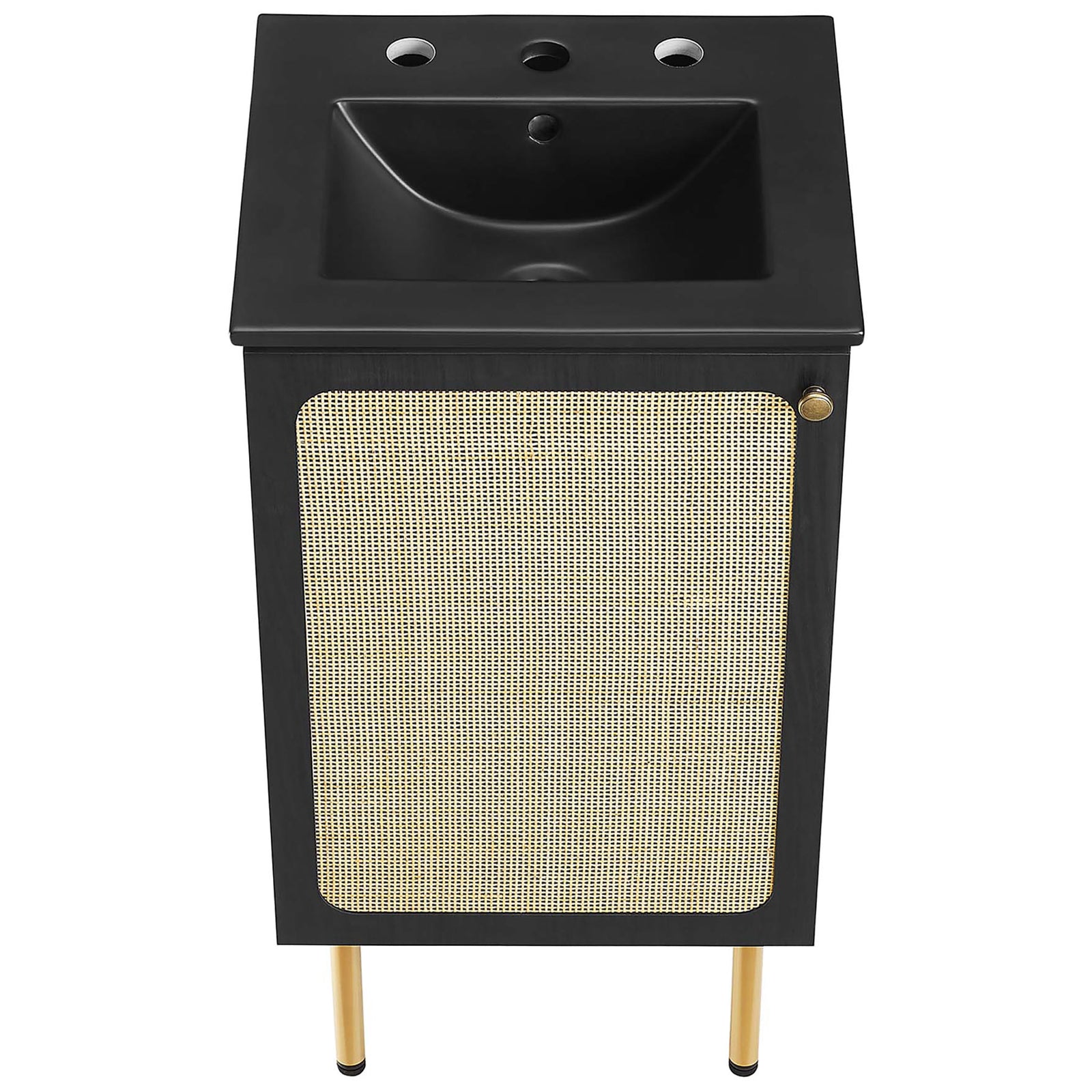 Matte black basin with smooth integrated countertop above rattan-front cabinet || EEI-6692-BLK-BLK || top_angle_studio