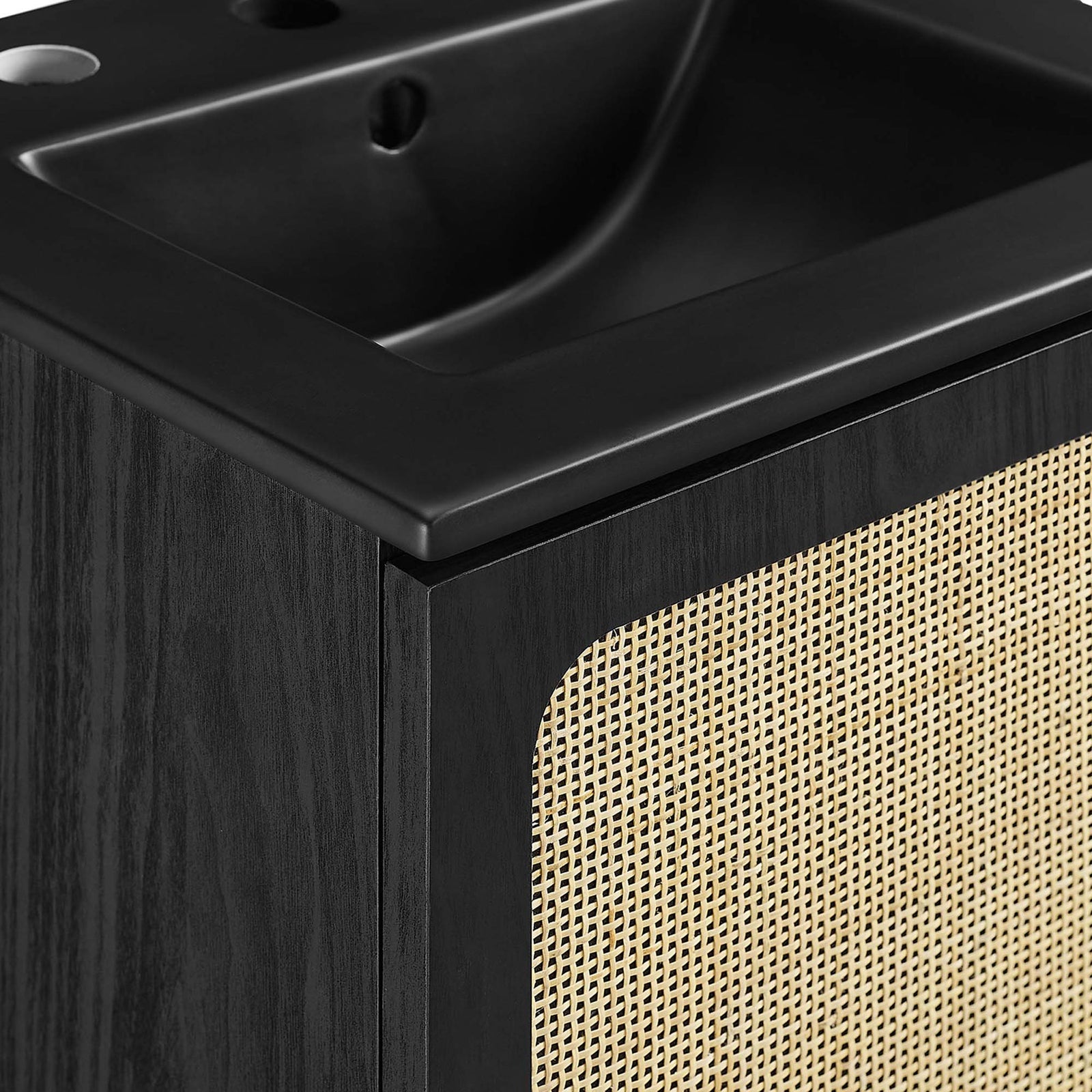 Matte black sink meets rattan weave door with refined edging and seamless fit || EEI-6692-BLK-BLK || detail_studio