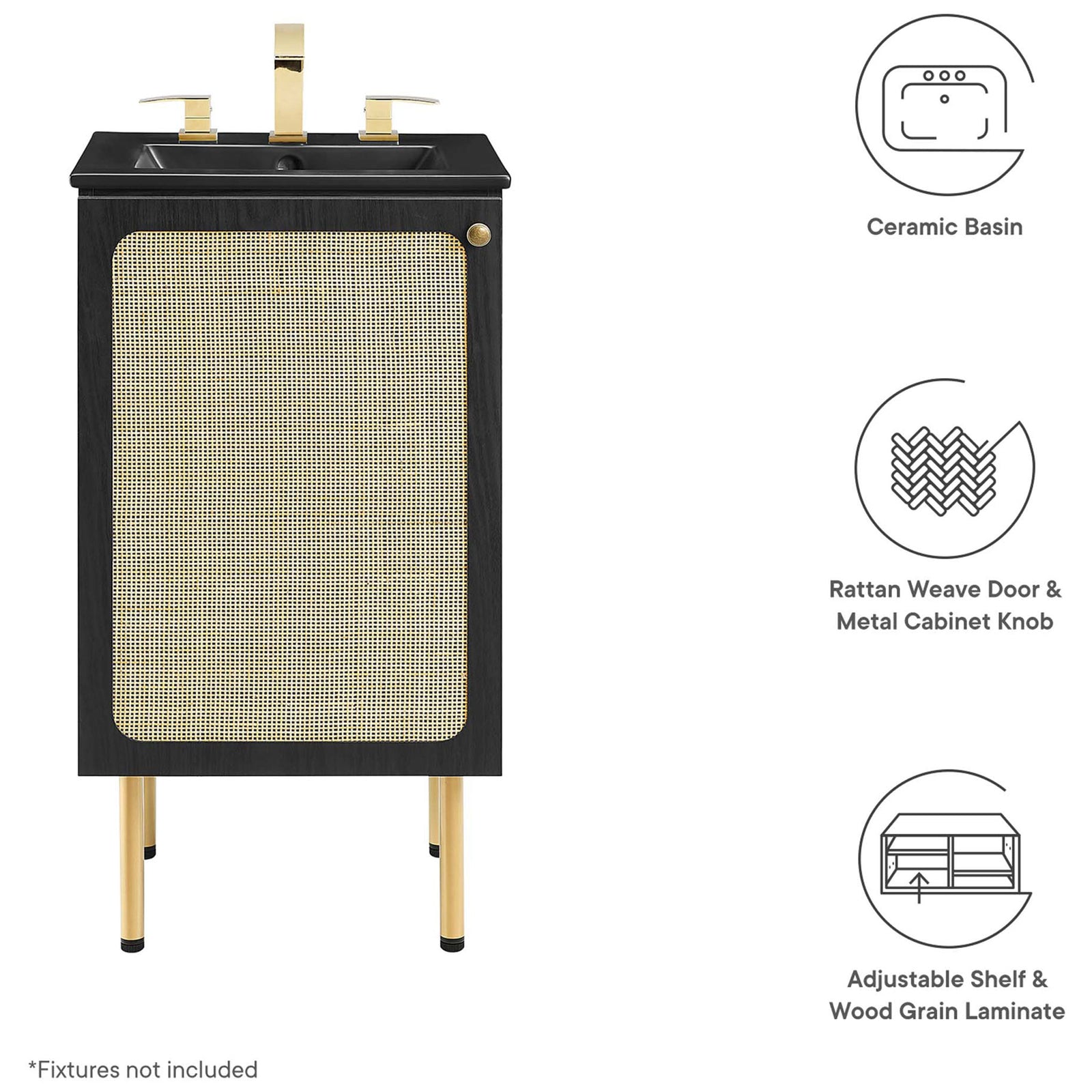 Key features: ceramic basin, rattan door with metal knob, adjustable shelf, and wood grain laminate || EEI-6692-BLK-BLK || callout_studio