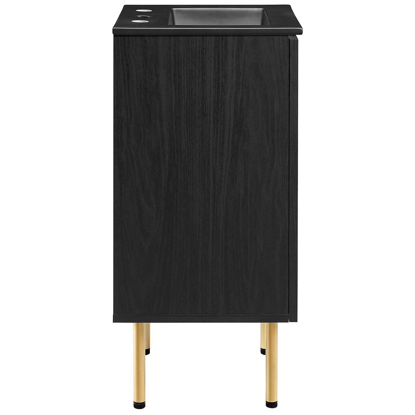 Black wood-grain cabinet paired with a matte black sink and slim gold legs || EEI-6692-BLK-BLK || side_studio