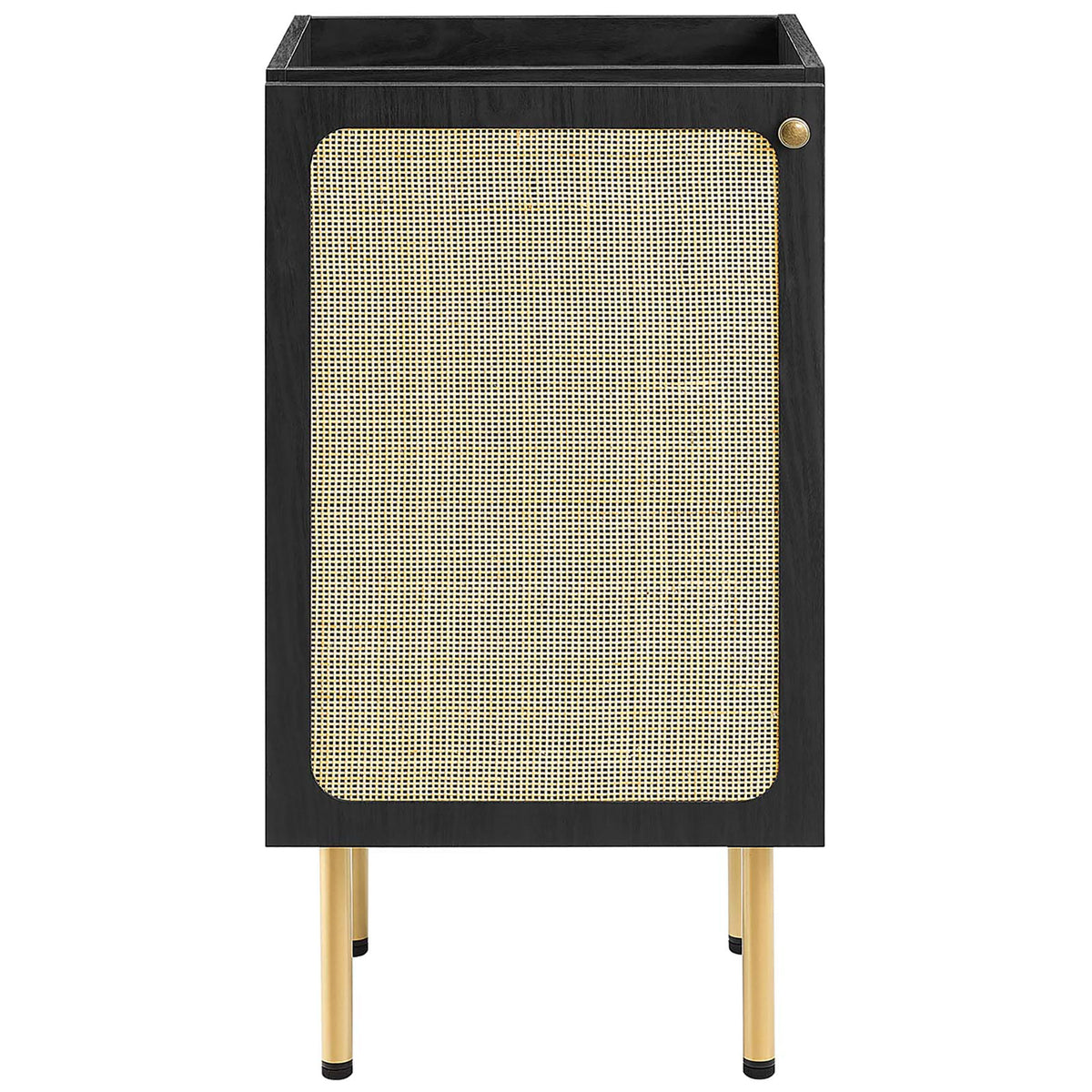 Cabinet face in black wood grain with rattan door and brass-tone knob on tall legs || EEI-6692-BLK-BLK || front_partial_studio