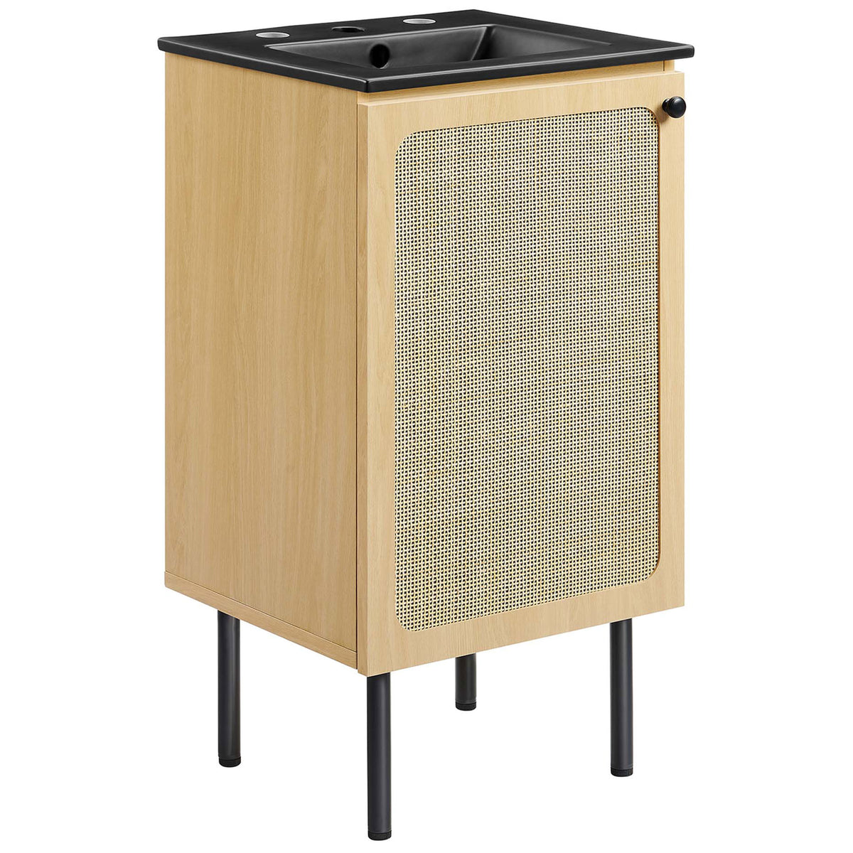 Compact oak vanity with black ceramic sink and rattan door on slim black legs || EEI-6692-OAK-BLK || front_angle_studio