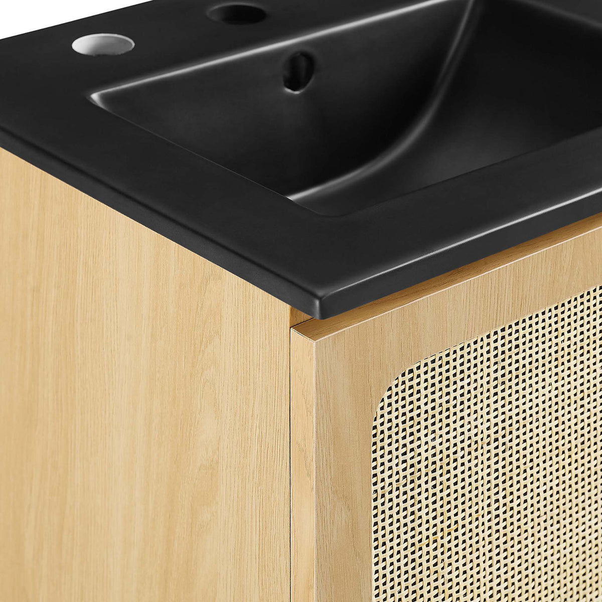 Crisp ceramic edge meets light oak grain and woven rattan for rich texture and contrast || EEI-6692-OAK-BLK || detail_studio
