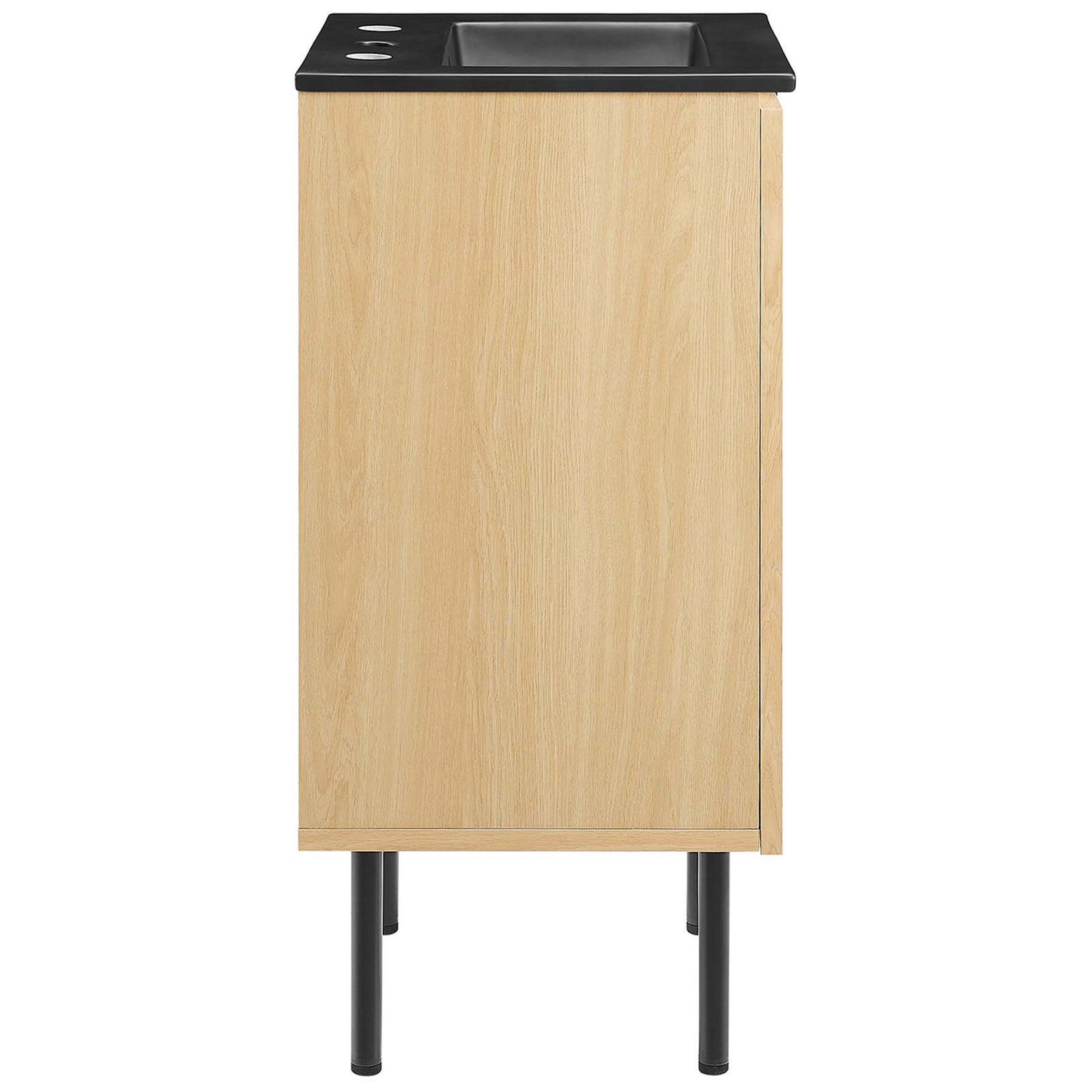 Streamlined oak cabinet with rattan front and matte black sink, perched on tubular legs || EEI-6692-OAK-BLK || side_studio