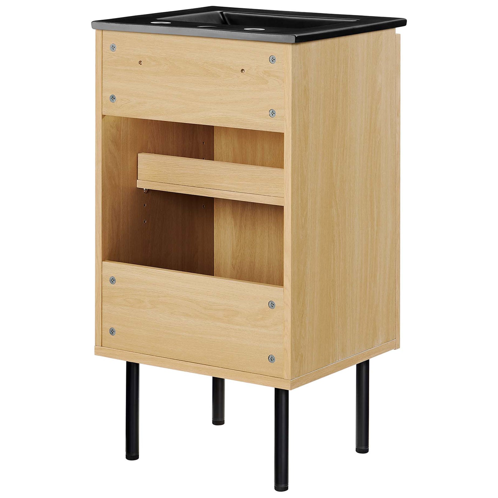 Utility-ready vanity cabinet with open back panel for plumbing access and reinforced frame || EEI-6692-OAK-BLK || back_angle_studio
