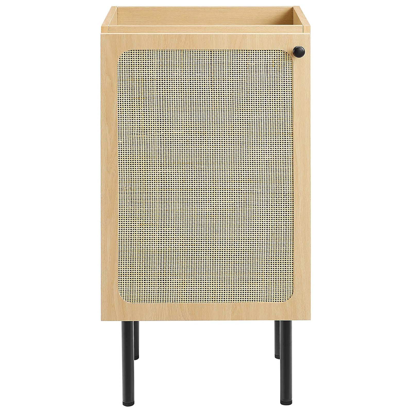 Clean-lined rattan-front vanity cabinet in light oak with black knob and slim legs || EEI-6692-OAK-BLK || front_partial_studio