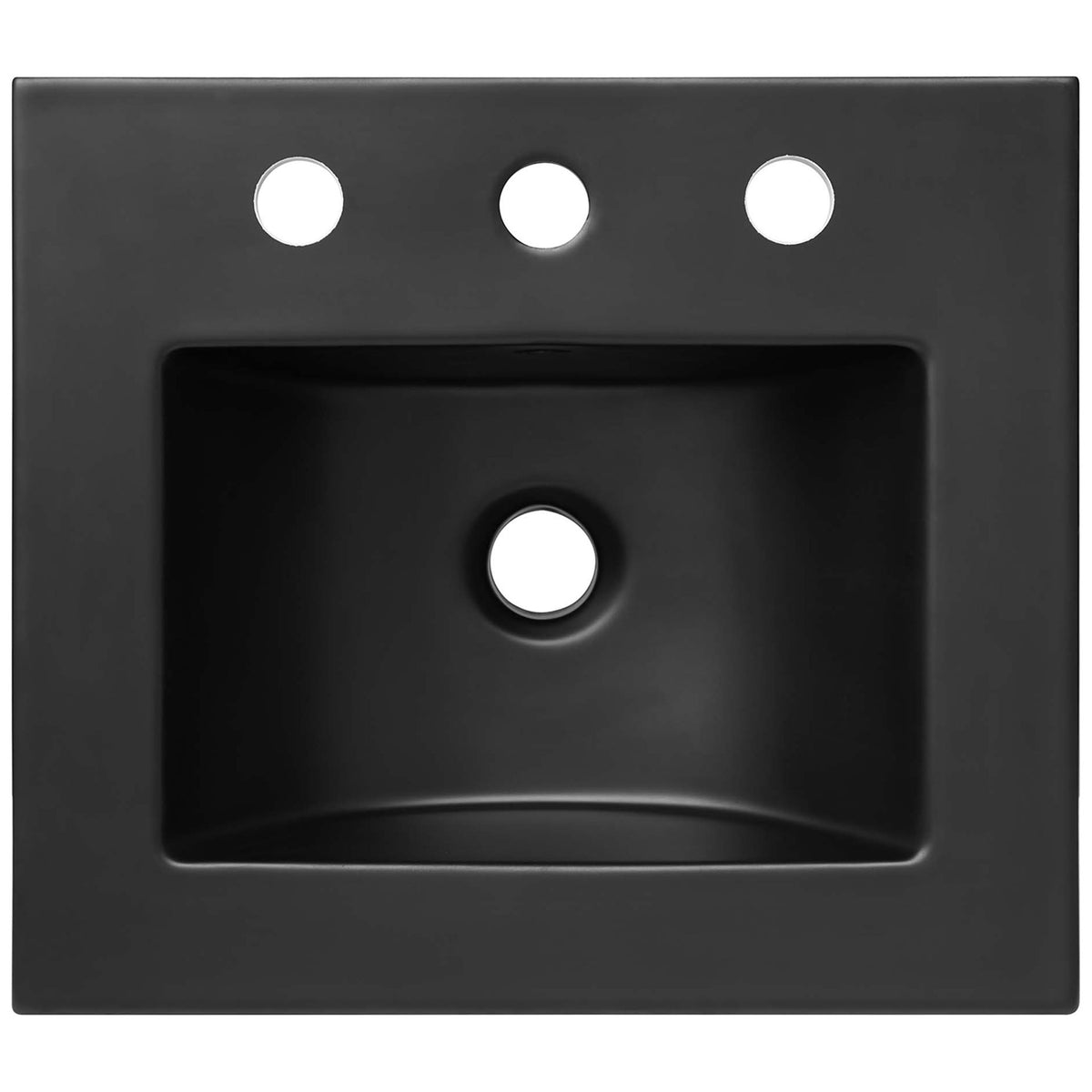 Rectangular black sink basin with integrated counter edge and three pre-drilled holes || EEI-6692-OAK-BLK || top_partial_studio