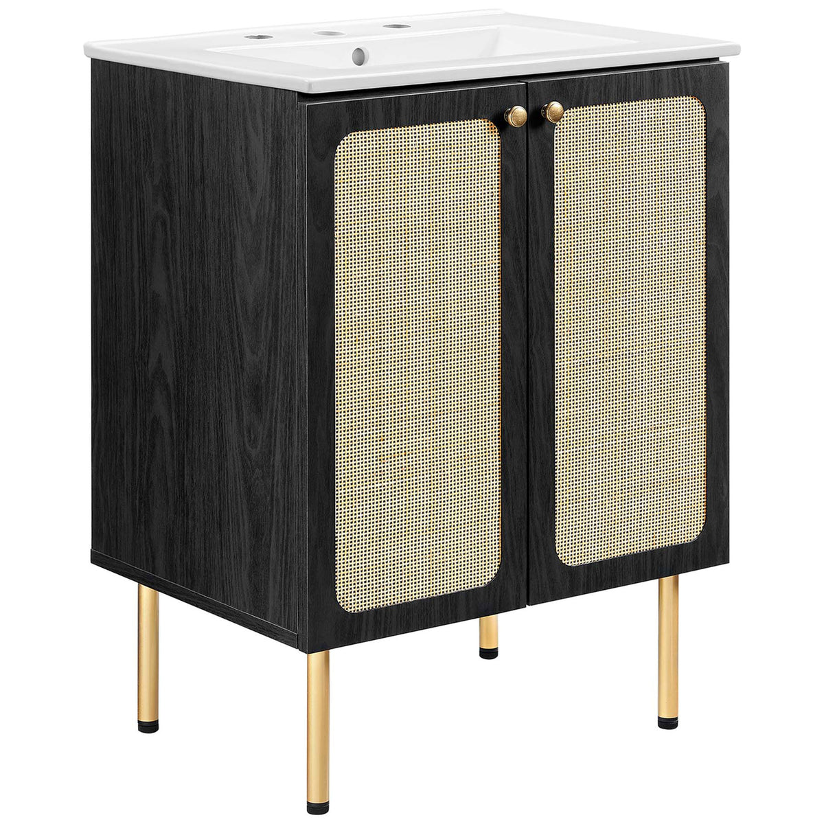 Black wood grain vanity with rattan doors, brass knobs, and a crisp white ceramic basin || EEI-6693-BLK-WHI || front_angle_studio