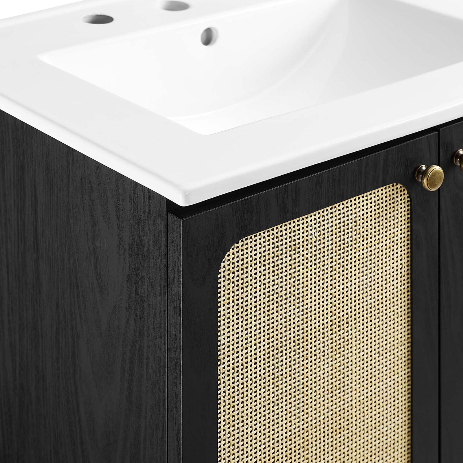 Textured rattan door panels framed in black with a smooth ceramic counter || EEI-6693-BLK-WHI || detail_studio