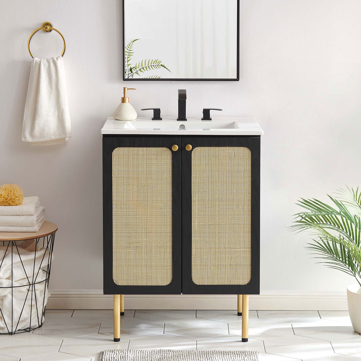 Refined vanity elevates the bath with woven rattan doors, gold accents, and a white top || EEI-6693-BLK-WHI || front_room