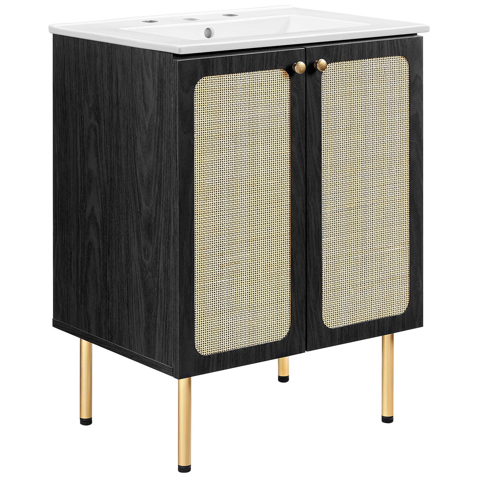 Black wood grain vanity with rattan doors, brass knobs, and a crisp white ceramic basin || EEI-6693-BLK-WHI || front_angle_studio