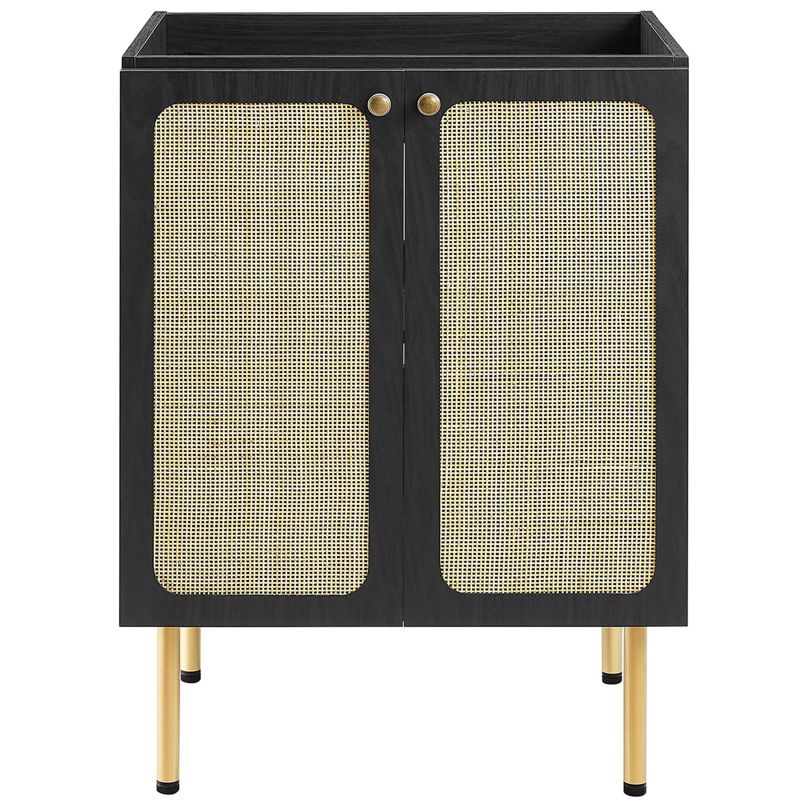 Dual rattan doors and round brass knobs on a matte black cabinet || EEI-6693-BLK-WHI || front_partial_studio
