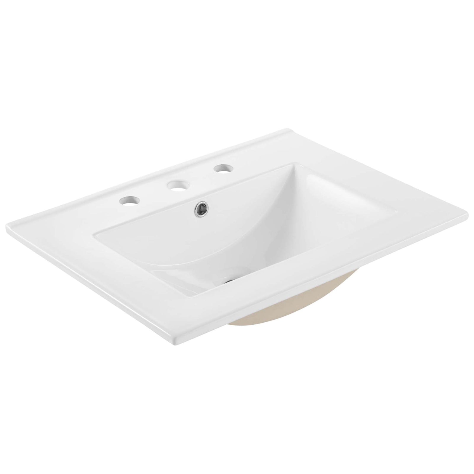 Rectangular ceramic sink with 8 inch widespread faucet holes and gently sloped basin || EEI-6693-BLK-WHI || front_angle_partial_studio