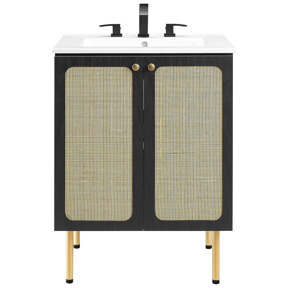 Classic vanity pairing rattan doors with a white basin and brass-accented hardware || EEI-6693-BLK-WHI || front_studio