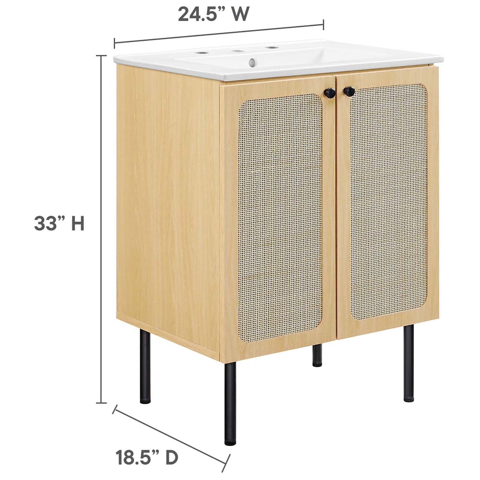 Dimensions for the 24 inch vanity: 24.5 W x 18.5 D x 33 H inches || EEI-6693-OAK-WHI || dimension_studio