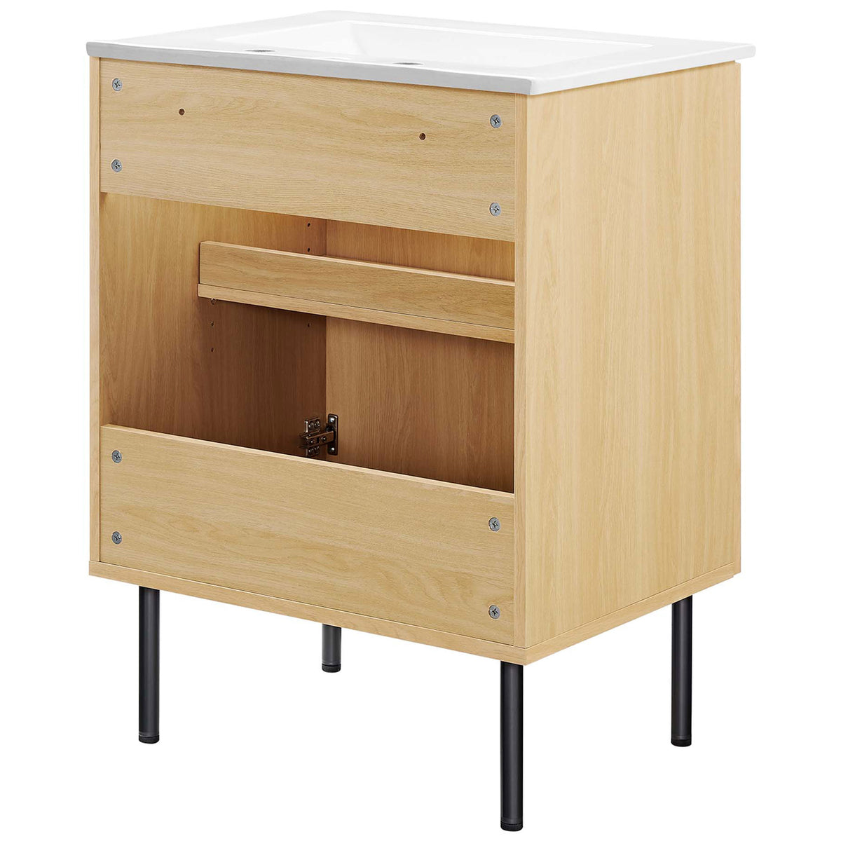 Open back design for easy plumbing access with sturdy wood construction || EEI-6693-OAK-WHI || back_angle_studio