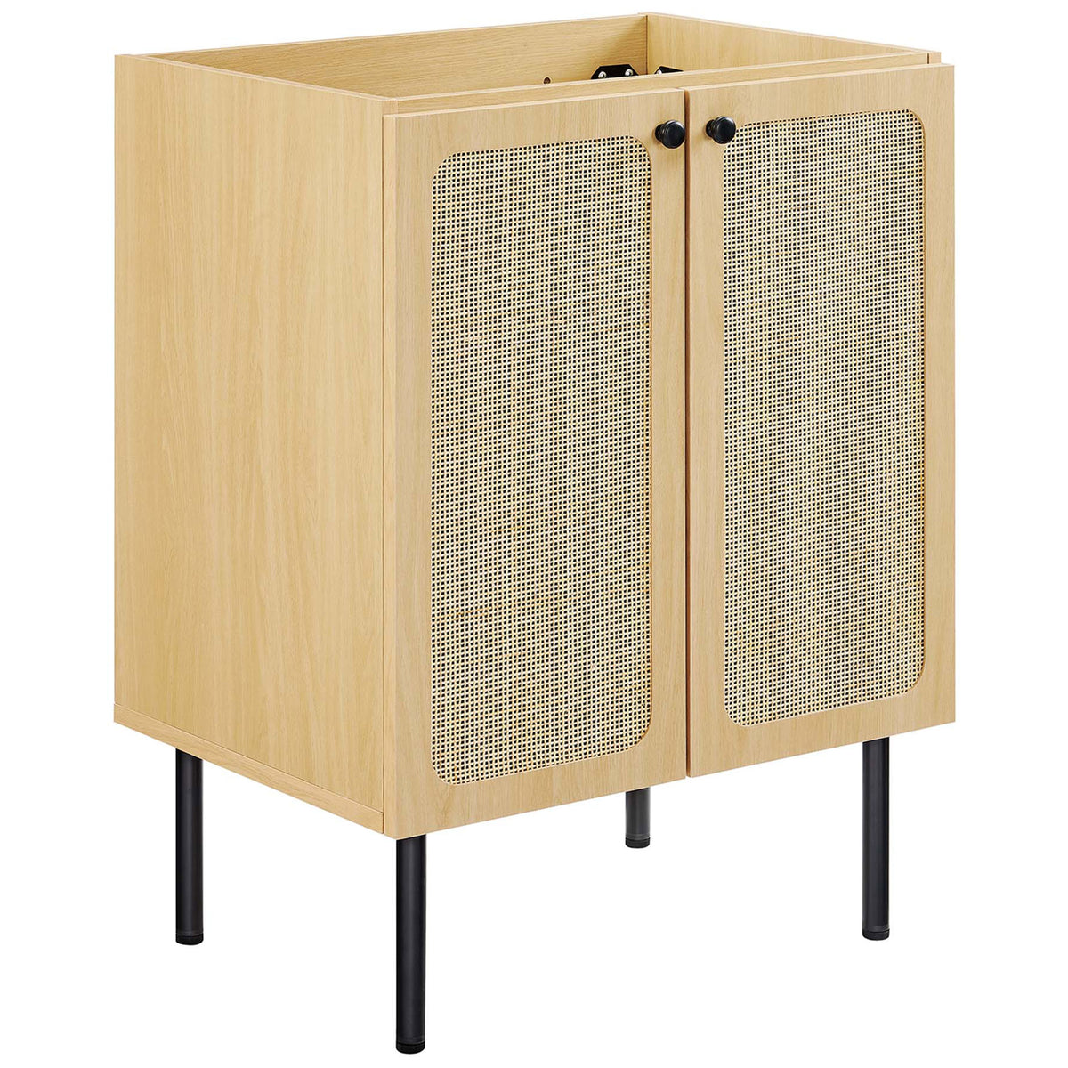 Oak bathroom cabinet showcases airy rattan door panels and sleek black hardware || EEI-6693-OAK-WHI || front_angle_partial_studio