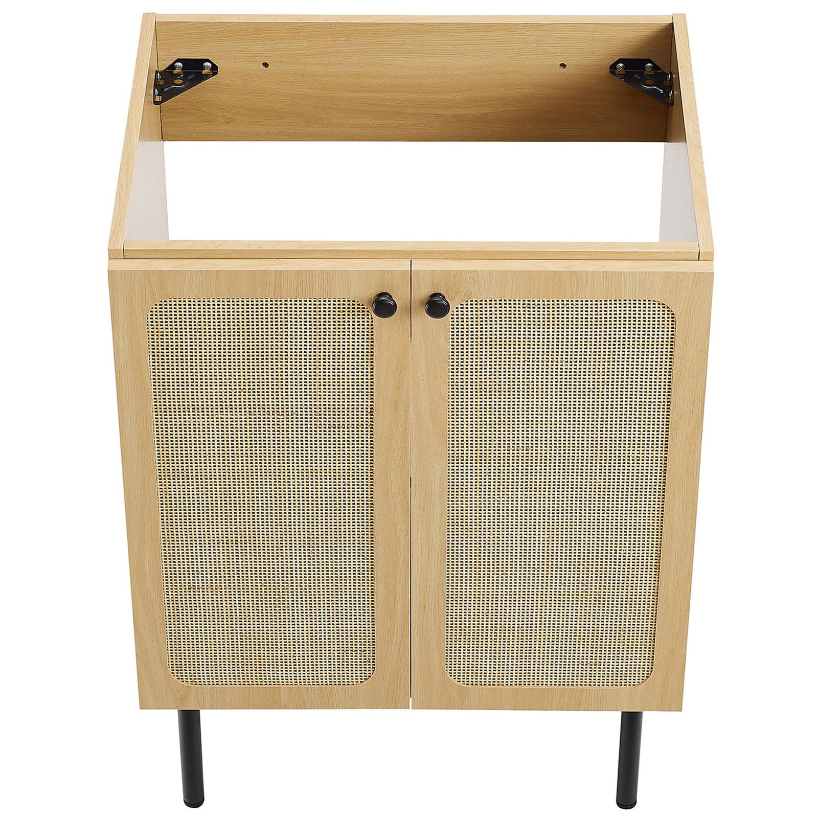 Sturdy cabinet frame ready for sink installation, highlighted by rattan doors and clean lines || EEI-6693-OAK-WHI || top_angle_partial_studio