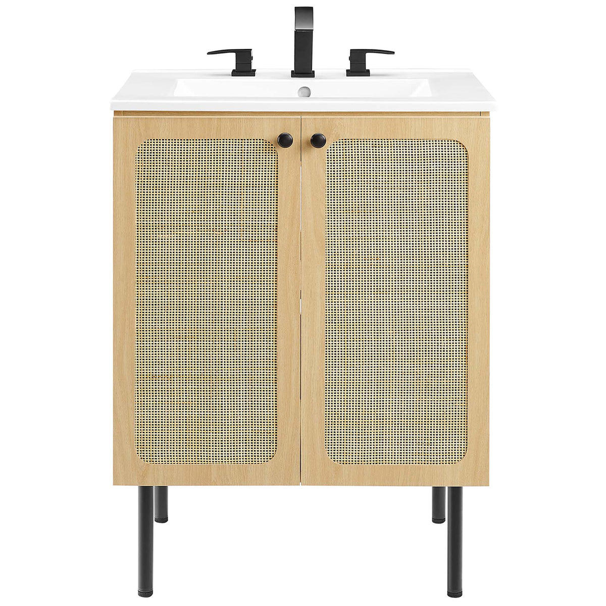 24 inch oak vanity with rattan doors and ceramic sink, styled with modern black hardware || EEI-6693-OAK-WHI || front_studio