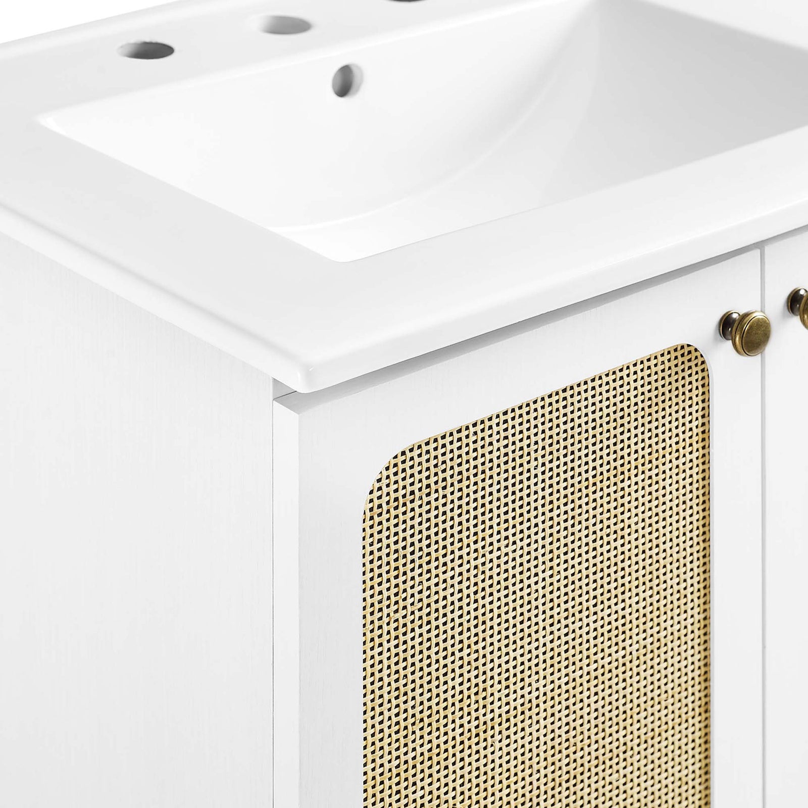 Smooth countertop edge meets woven rattan door panel and round knob || EEI-6693-WHI-WHI || detail_studio