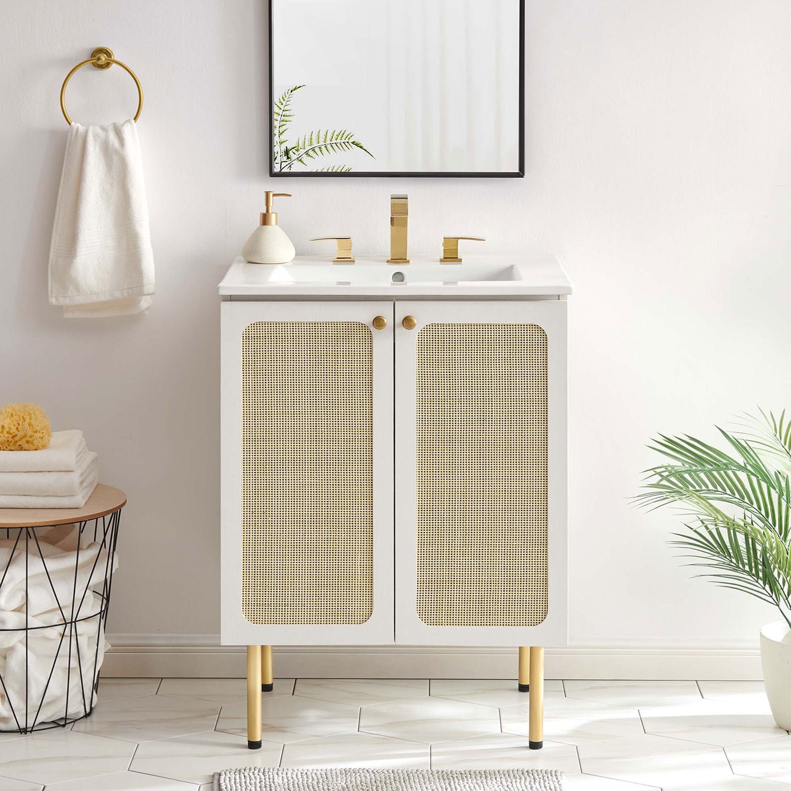 Modern vanity adds natural texture and warm brass accents to the bath || EEI-6693-WHI-WHI || front_room