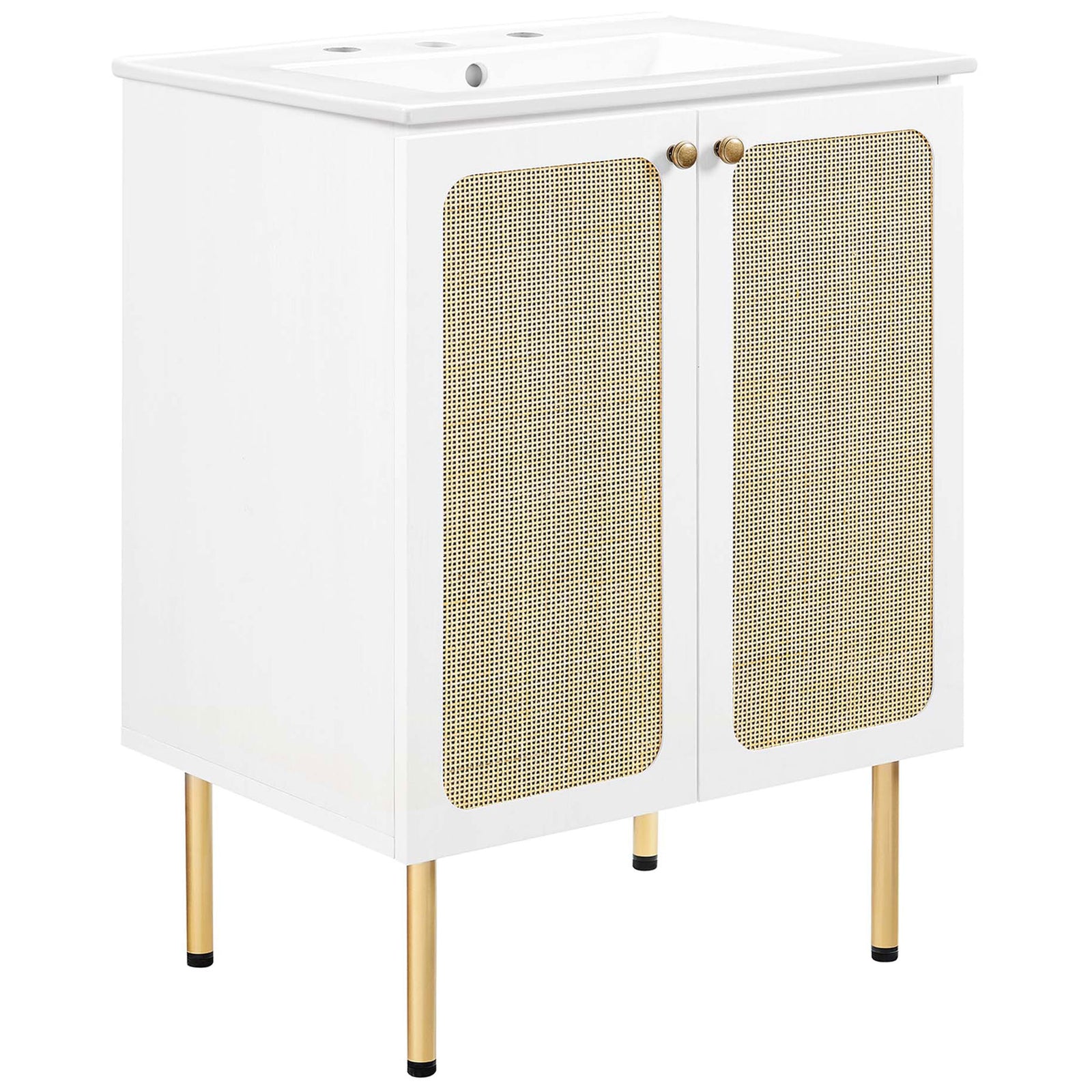 Crisp white vanity features textured rattan doors, round metal knobs, and slim brass-tone legs || EEI-6693-WHI-WHI || front_angle_studio