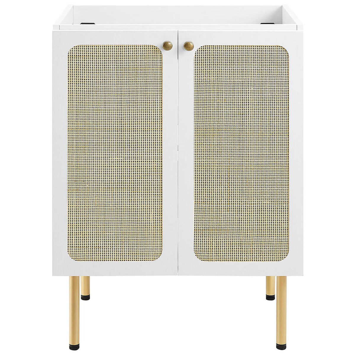 White vanity cabinet with rattan-weave doors and round brass knobs on tall metal legs || EEI-6693-WHI-WHI || front_partial_studio