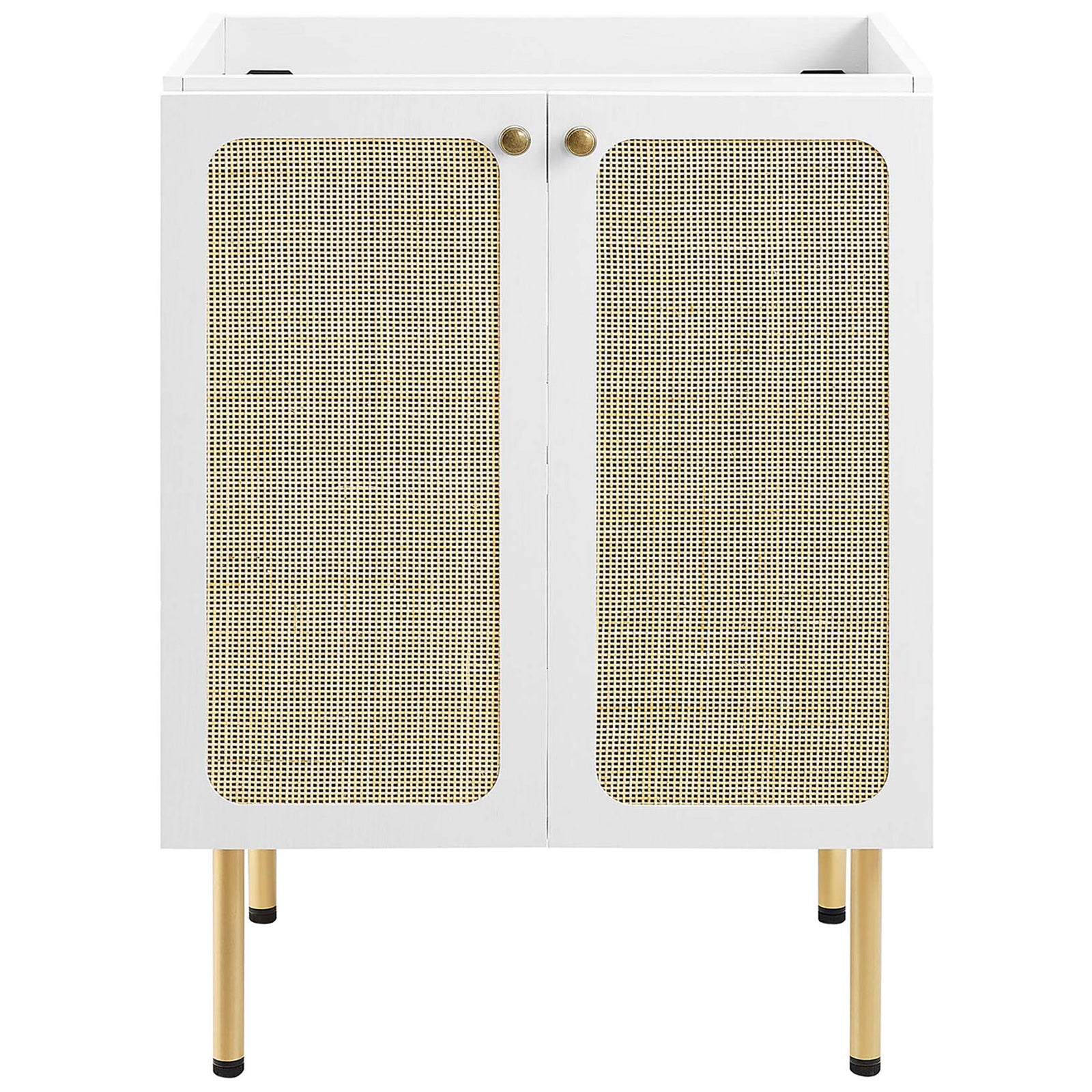 White vanity cabinet with rattan-weave doors and round brass knobs on tall metal legs || EEI-6693-WHI-WHI || front_partial_studio