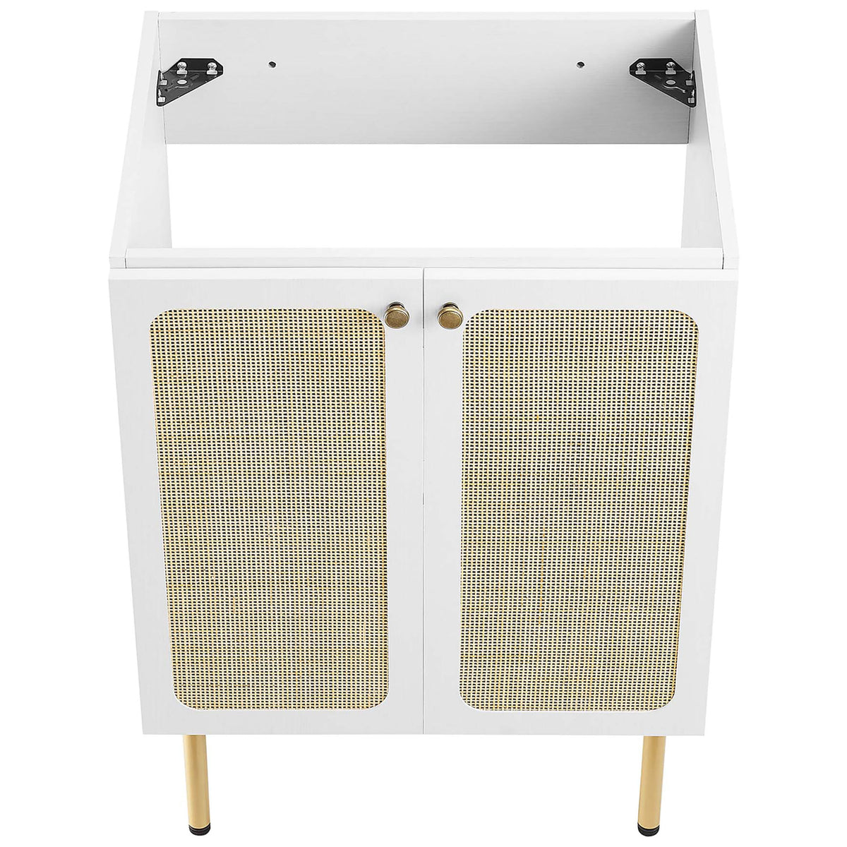 Open cabinet top ready for drop-in sink with dual-door rattan fronts || EEI-6693-WHI-WHI || top_angle_partial_studio