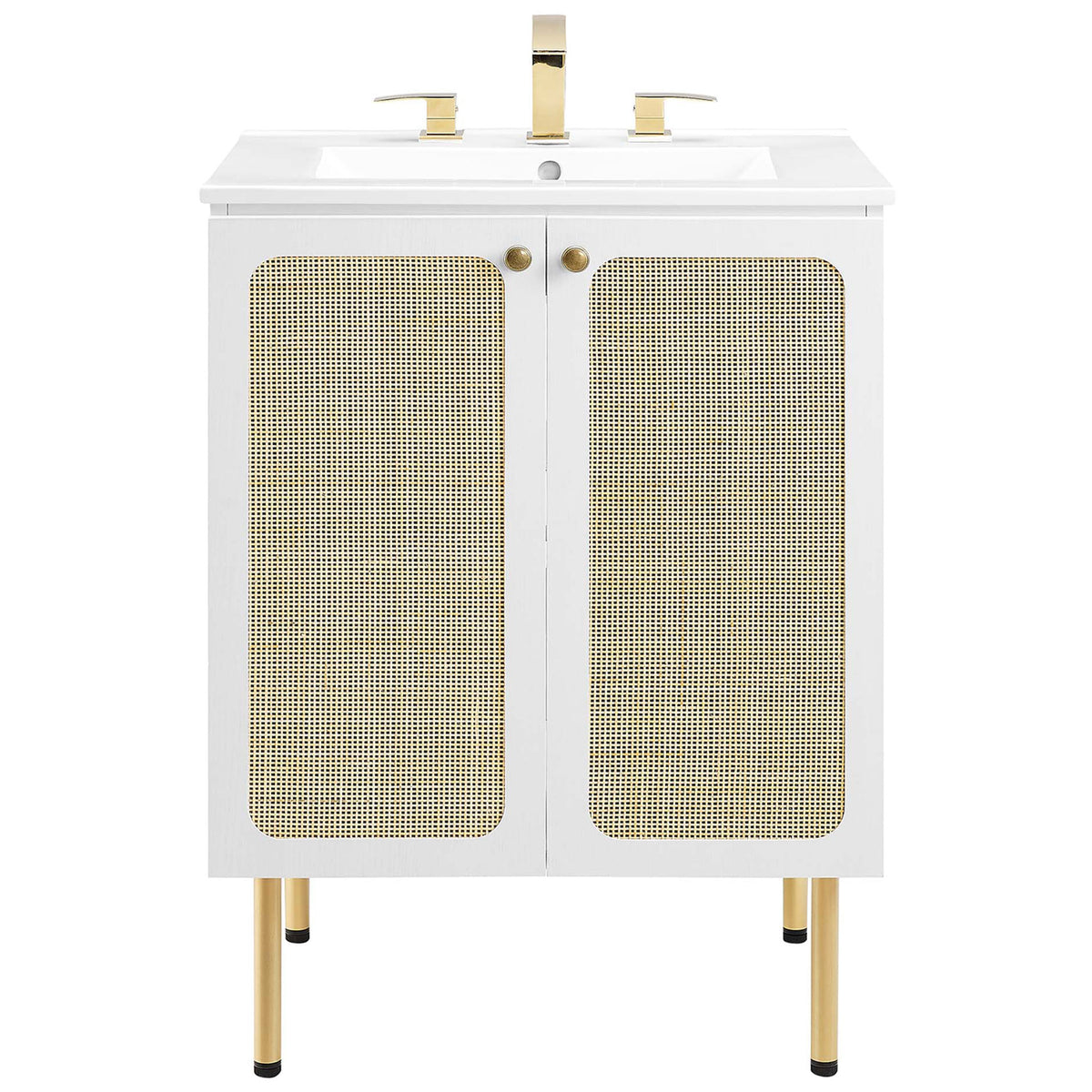White vanity with rattan-weave doors, round knobs, and brass-tone legs with an integrated ceramic sink || EEI-6693-WHI-WHI || front_studio