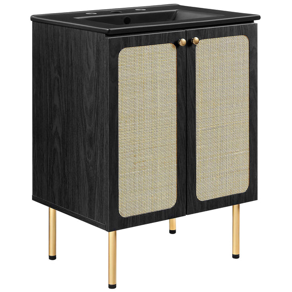 Black vanity blends cane doors and brass knobs with slim gold legs topped by a black ceramic basin || EEI-6694-BLK-BLK || front_angle_studio