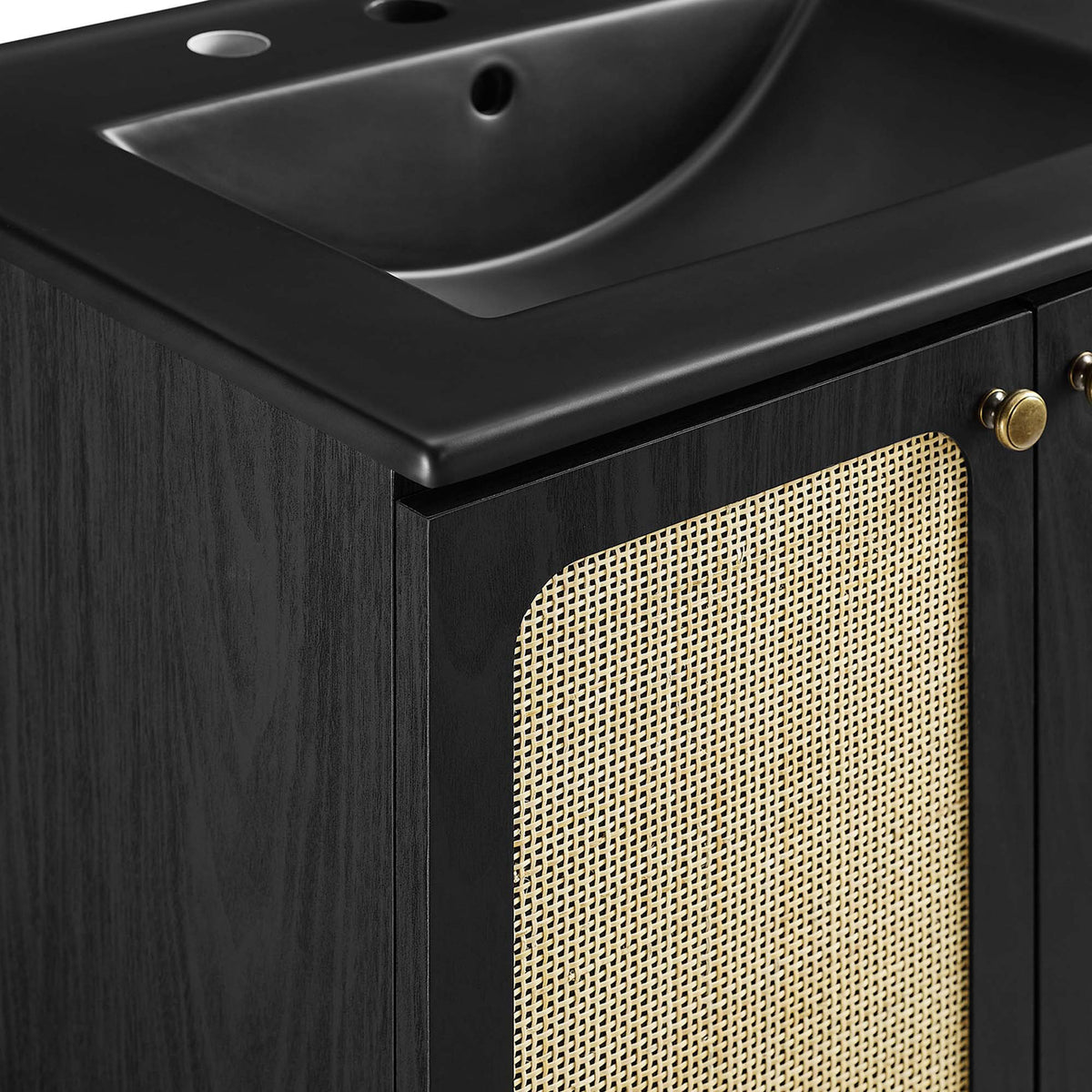 Textured cane doors contrast beautifully with the smooth matte black countertop || EEI-6694-BLK-BLK || detail_studio