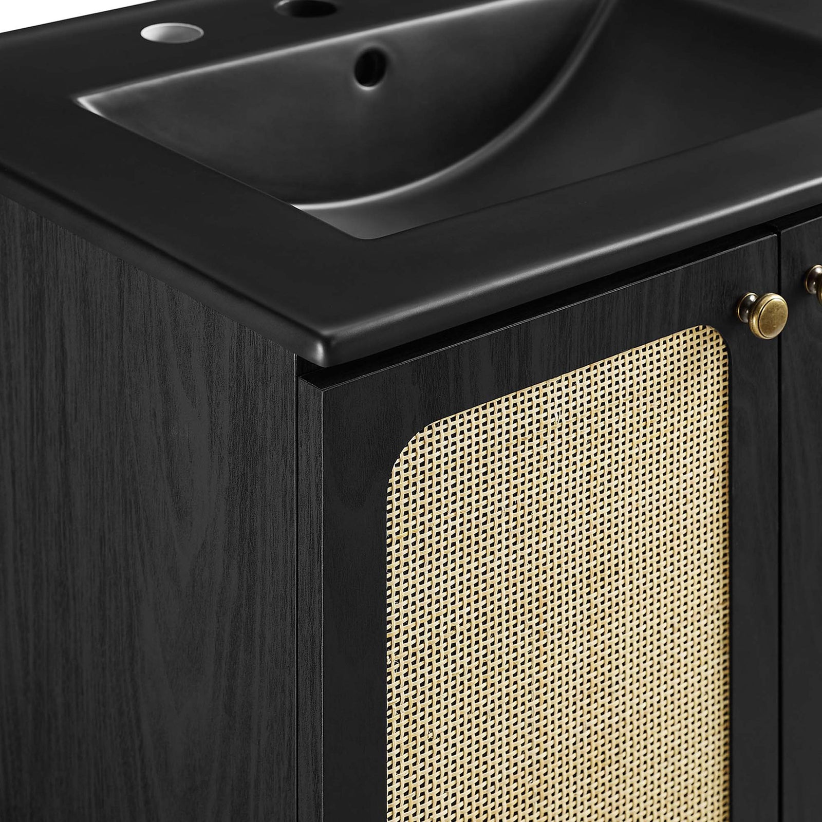 Textured cane doors contrast beautifully with the smooth matte black countertop || EEI-6694-BLK-BLK || detail_studio