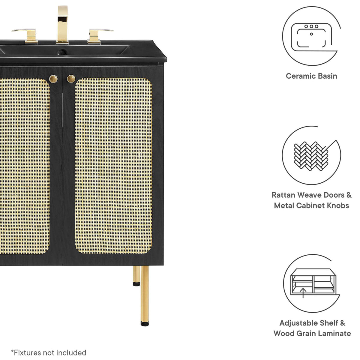 Durable build with ceramic sink, cane doors, and metal knobs in a sleek black finish || EEI-6694-BLK-BLK || callout_studio