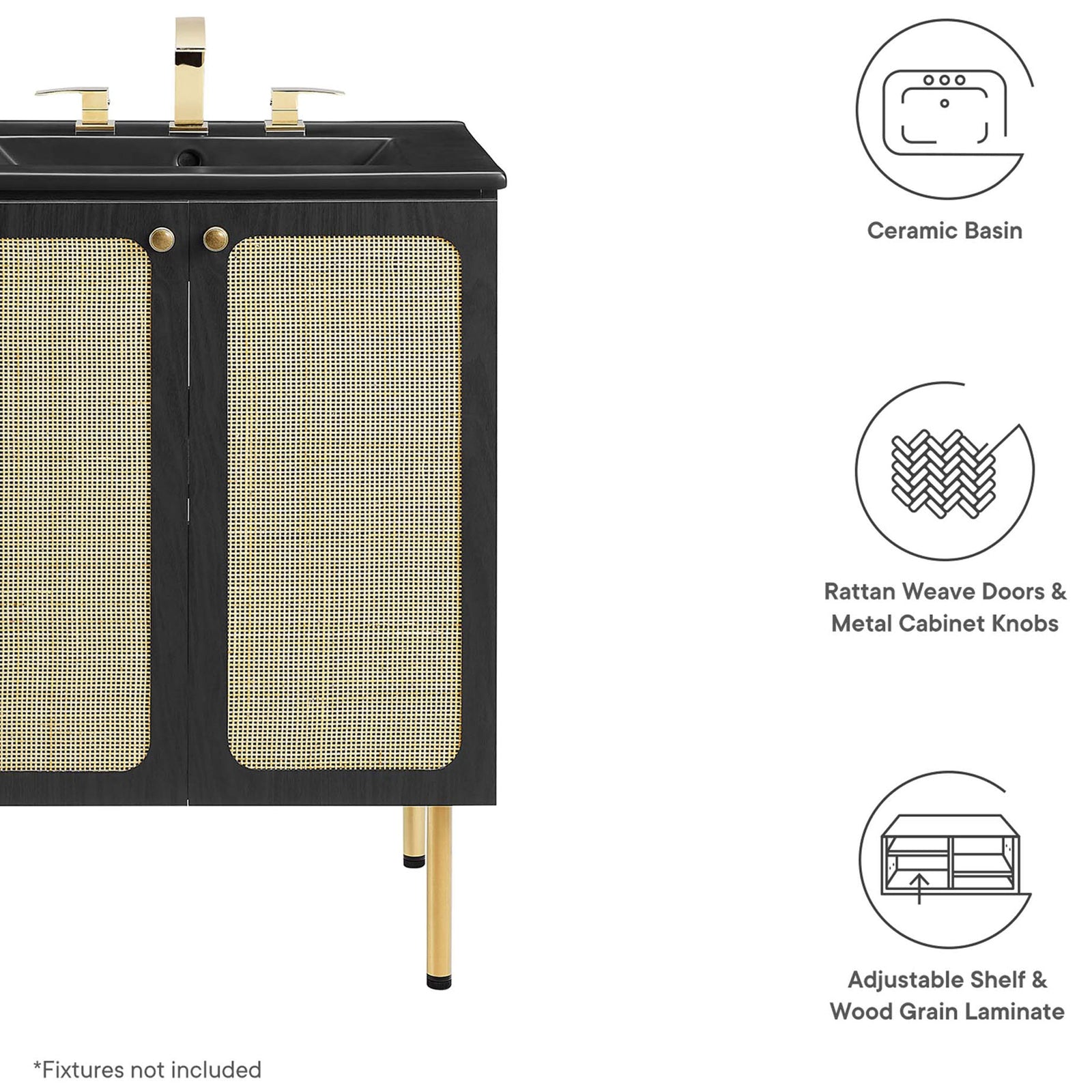 Durable build with ceramic sink, cane doors, and metal knobs in a sleek black finish || EEI-6694-BLK-BLK || callout_studio