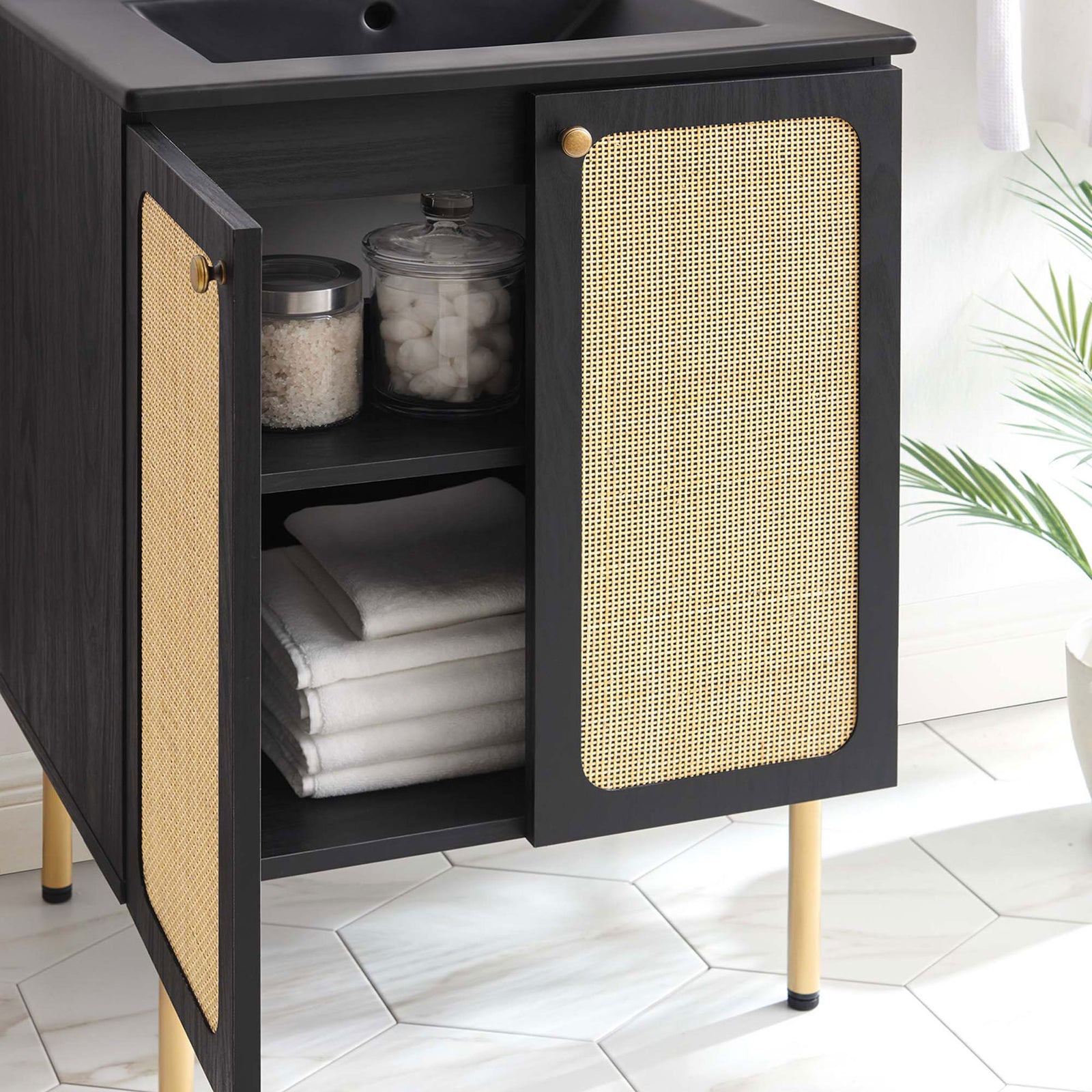 Two-door storage with adjustable shelf keeps towels and toiletries organized || EEI-6694-BLK-BLK || storage_open_room