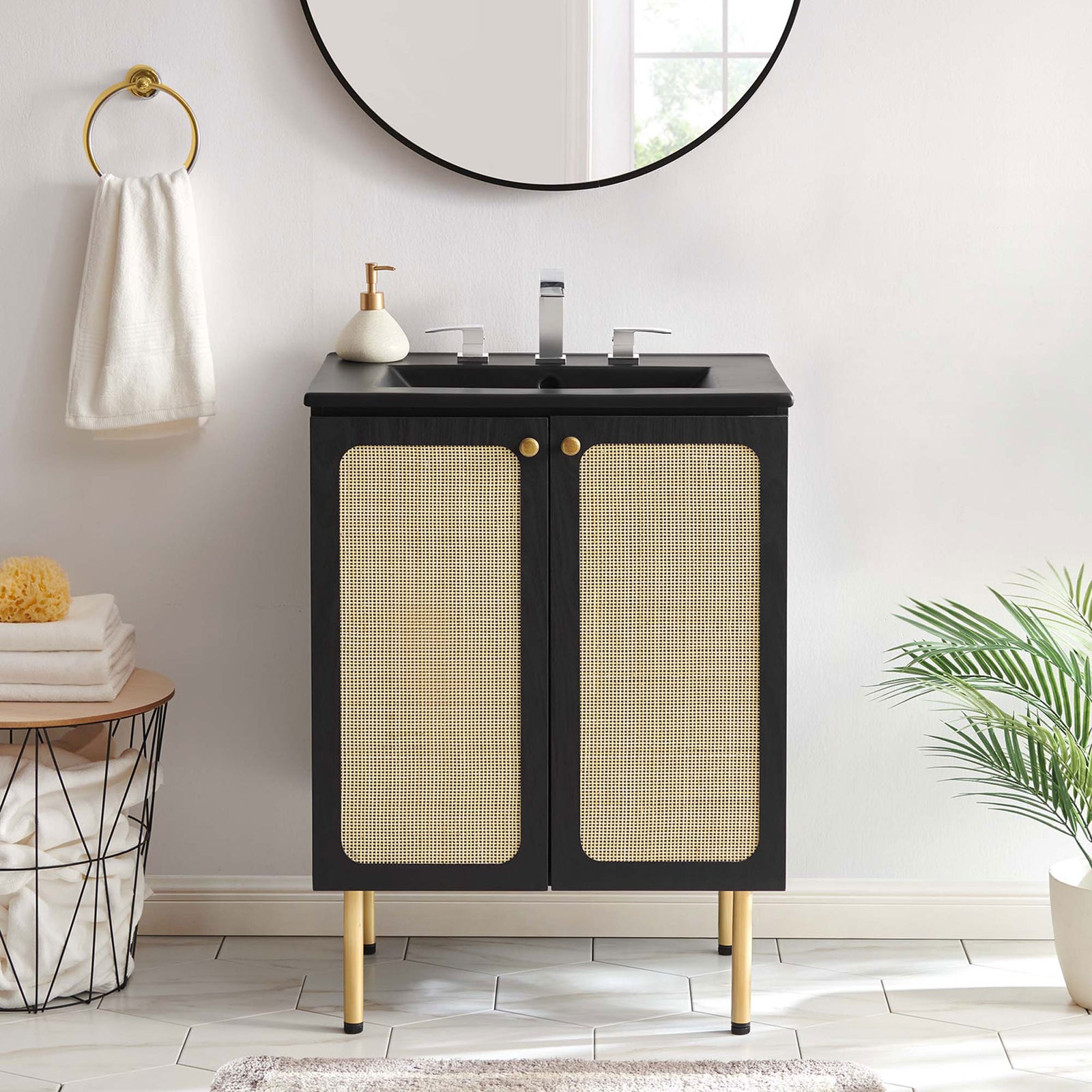 Modern bathroom statement with black wood grain, cane doors, and gold accents || EEI-6694-BLK-BLK || front_room