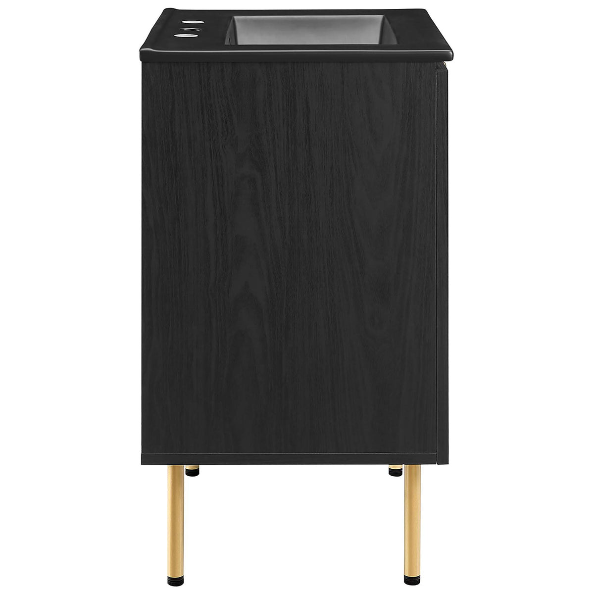 Streamlined wood-grain cabinet with tapered gold legs and an integrated black sink || EEI-6694-BLK-BLK || side_studio