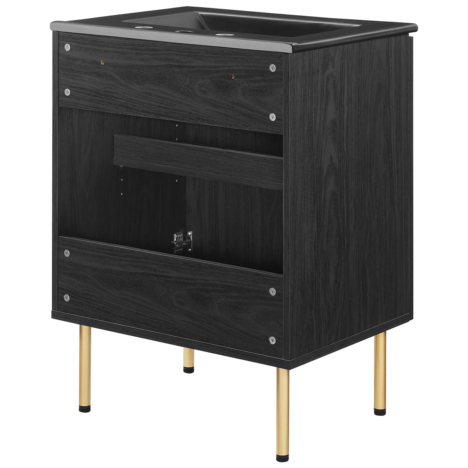 Open back for easy plumbing access on a sturdy, gold-legged cabinet with black sink || EEI-6694-BLK-BLK || back_angle_studio