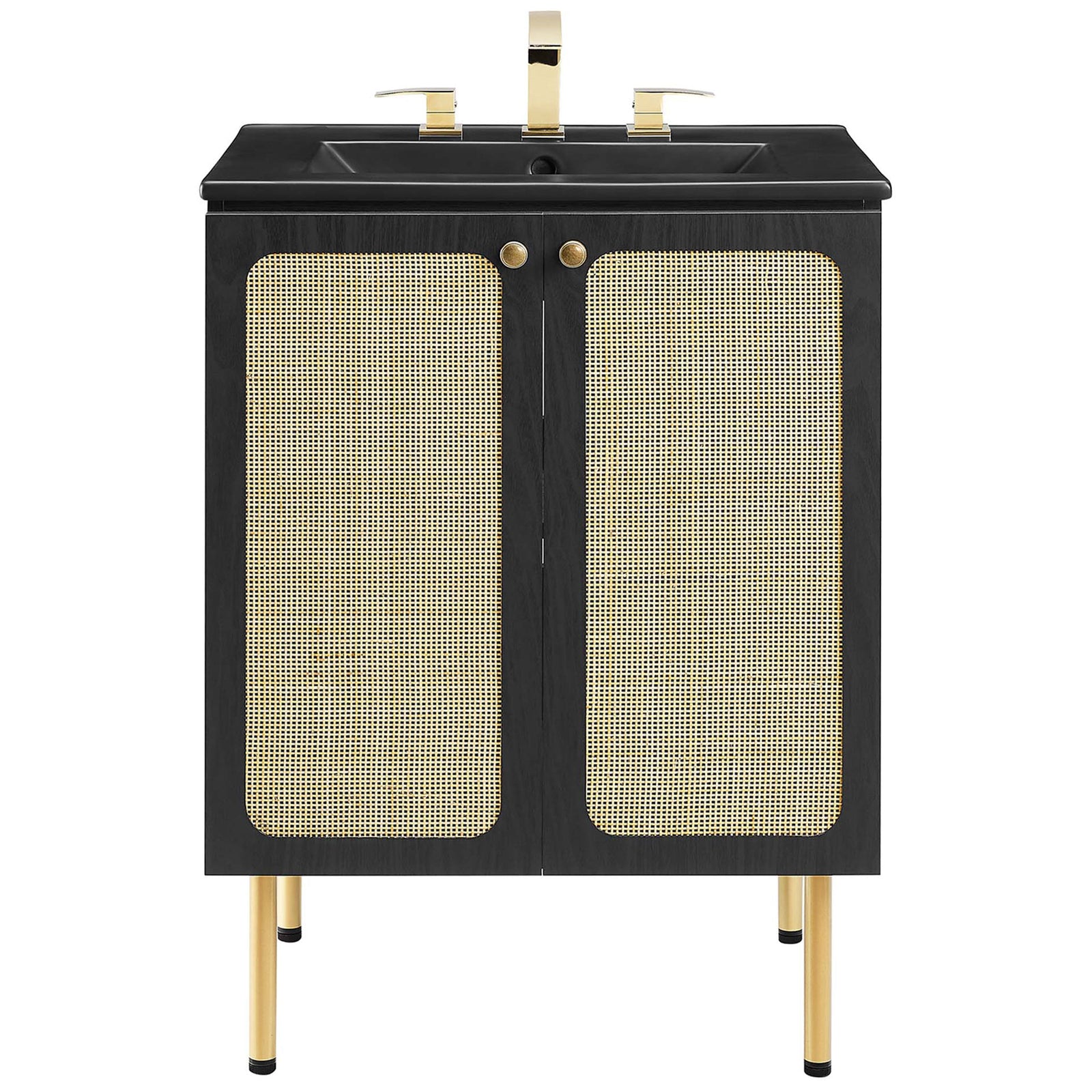 Compact 24-inch black vanity with cane doors, brass knobs, and a matching black ceramic sink || EEI-6694-BLK-BLK || front_studio